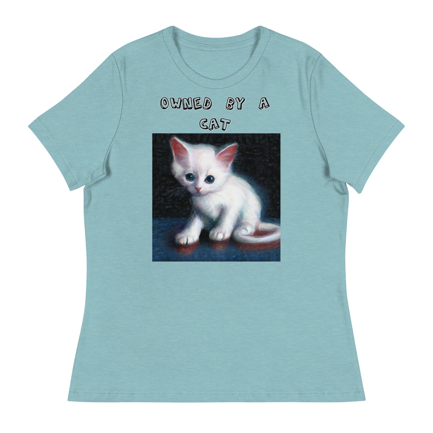 Women's White T-Shirt with Little Kitten with a text "Owned by a Cat" at $25.97 found at Personalizedpetlovergifts