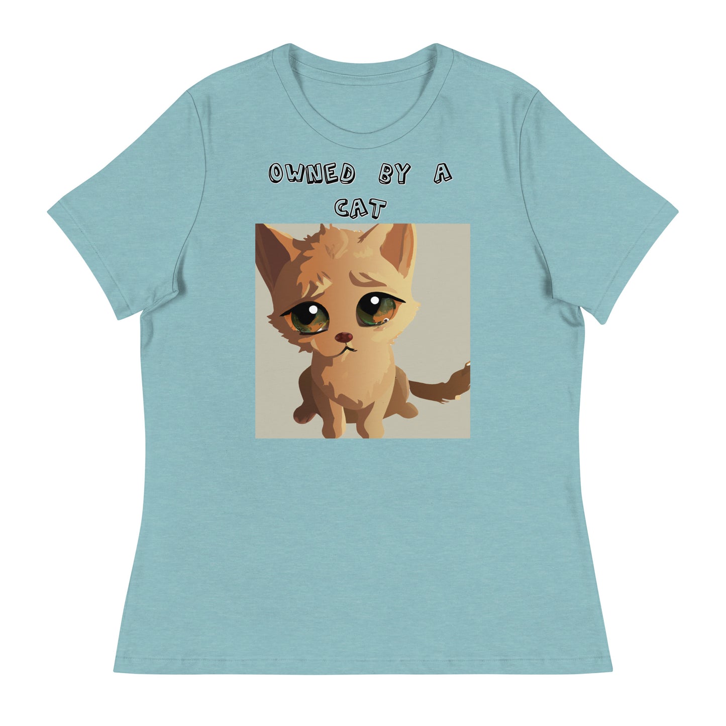 Women's White T-Shirt with Kitten With Sad Eyes with a text "Owned by a Cat" at $25.97 found at Personalizedpetlovergifts