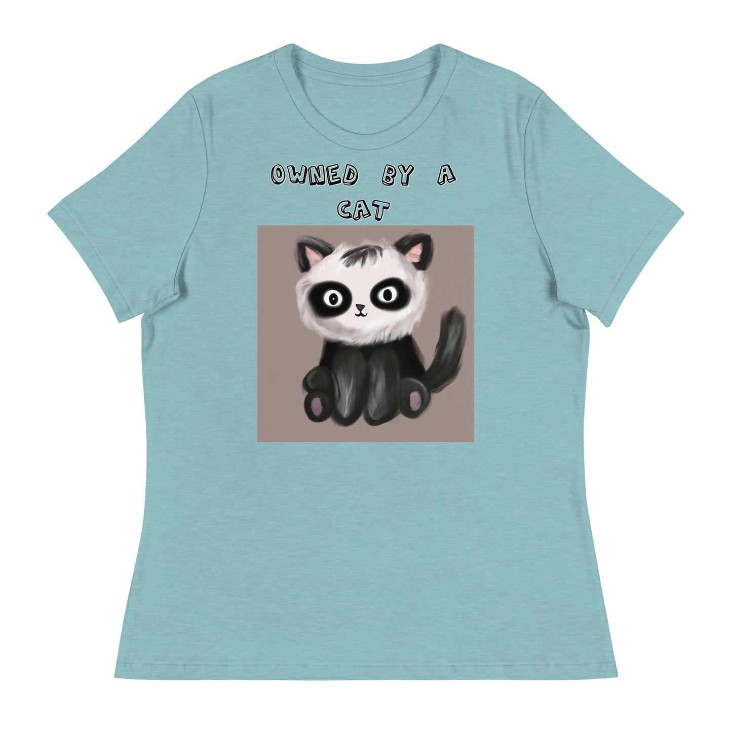 Women's White T-Shirt with Kitten With Panda Colors with a text "Owned by a Cat" at $25.97 found at Personalizedpetlovergifts