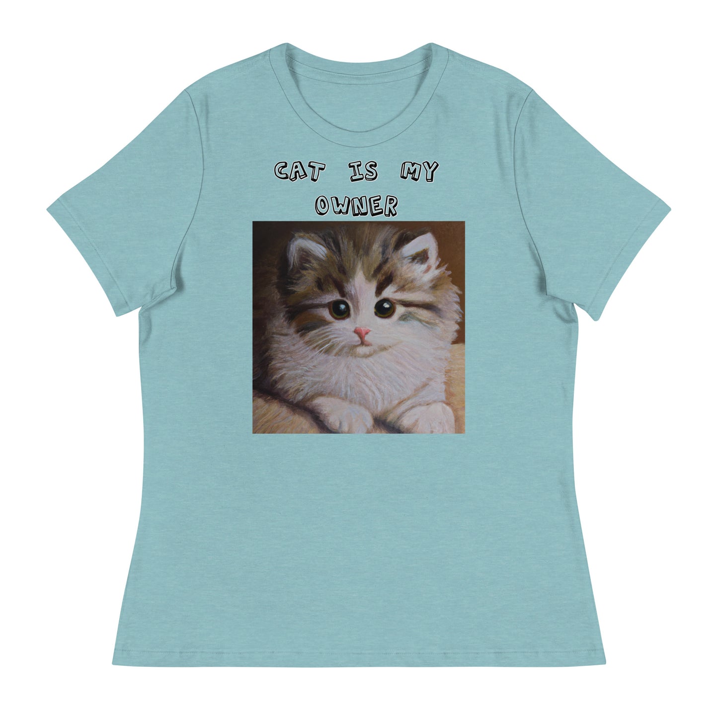 Women's White T-Shirt with Small Fluffy Kitten Painting with a text "Cat Is My Owner" at $25.97 found at Personalizedpetlovergifts