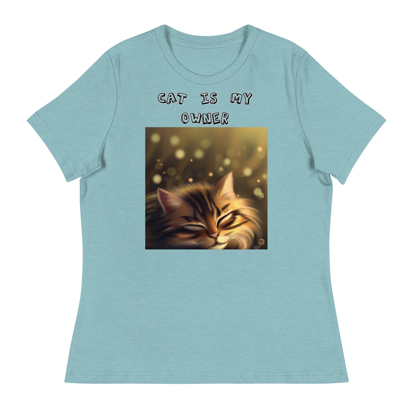 Women's White T-Shirt with Sleepy Cat with a text "Cat Is My Owner" at $25.97 found at Personalizedpetlovergifts