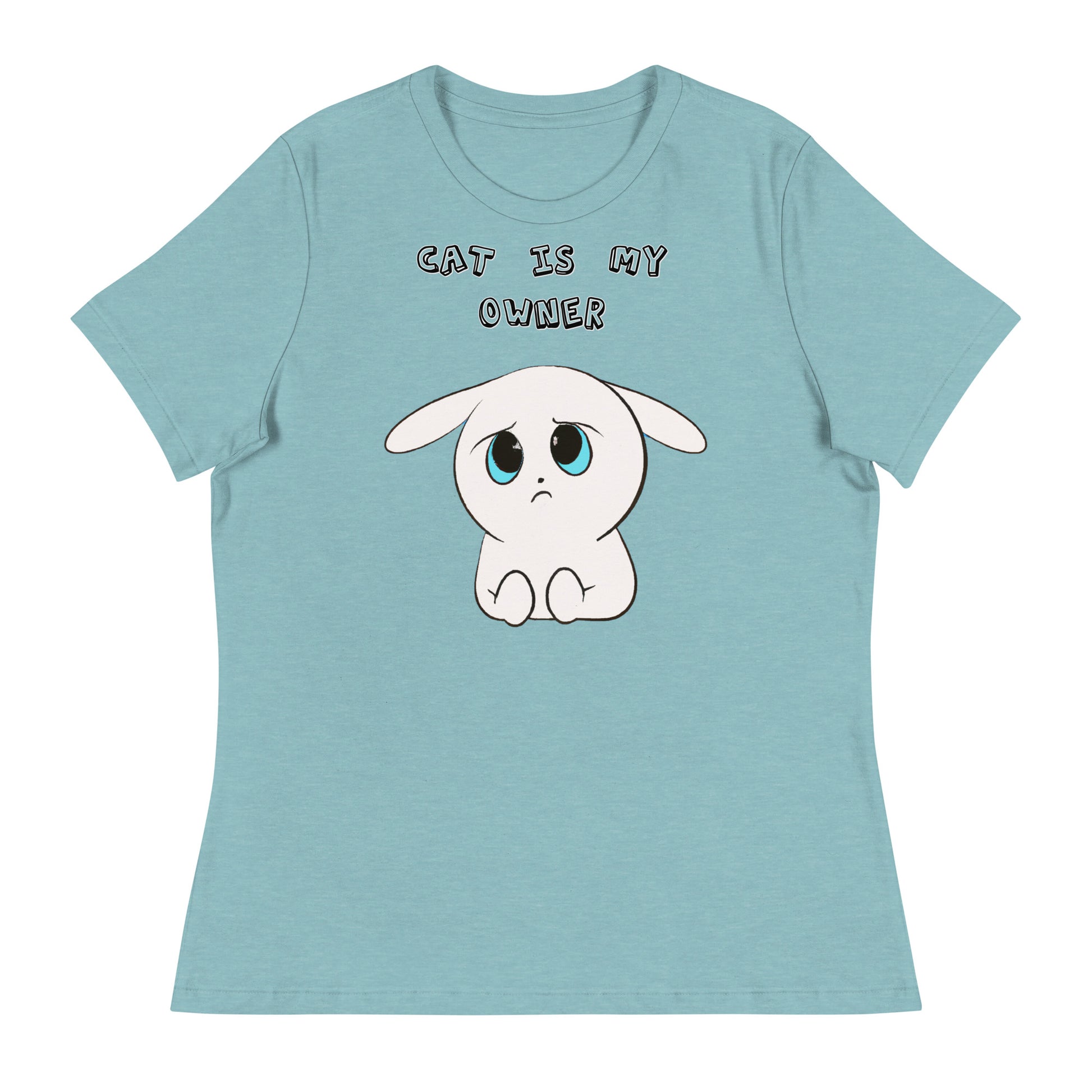 Women's T-Shirt with Sad White Kitten with a text "Cat Is My Owner" at $25.97 found at Personalizedpetlovergifts