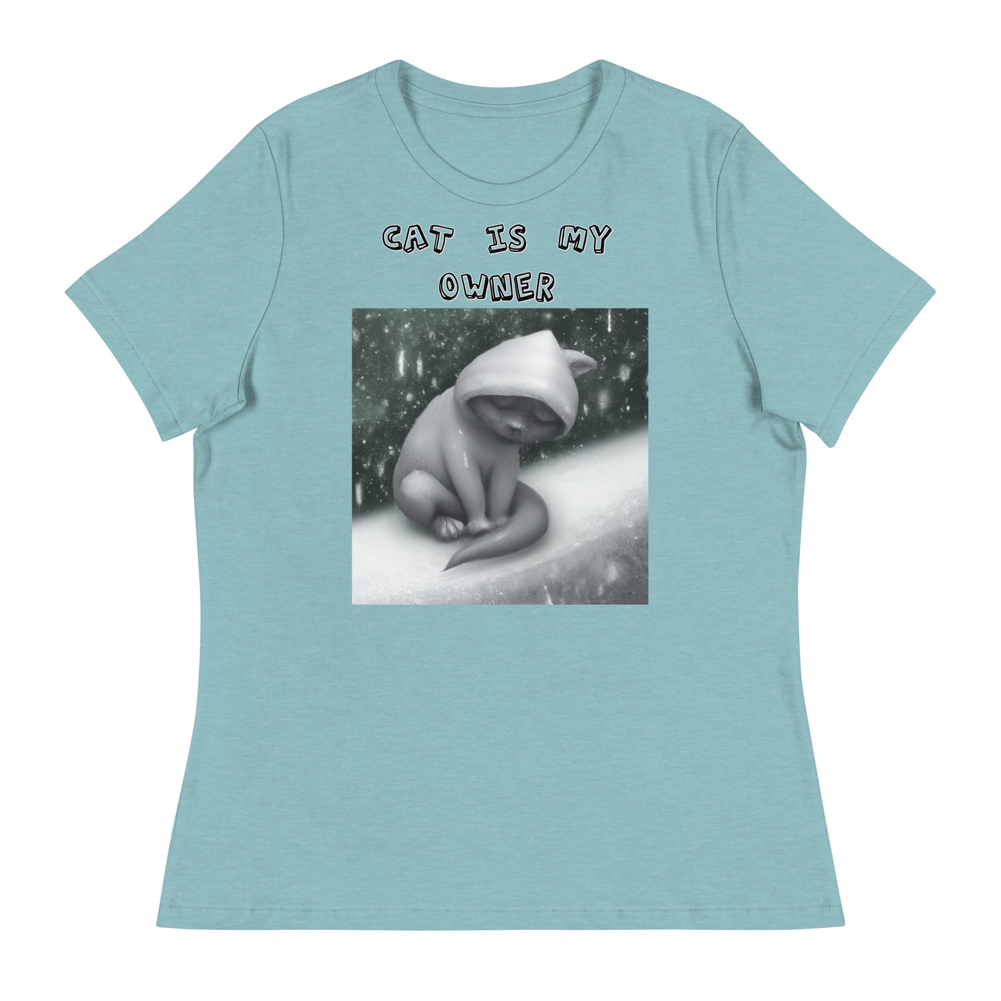 Women's White T-Shirt with Sad Cold Kitten In The Snow with a text "Cat Is My Owner" at $25.97 found at Personalizedpetlovergifts