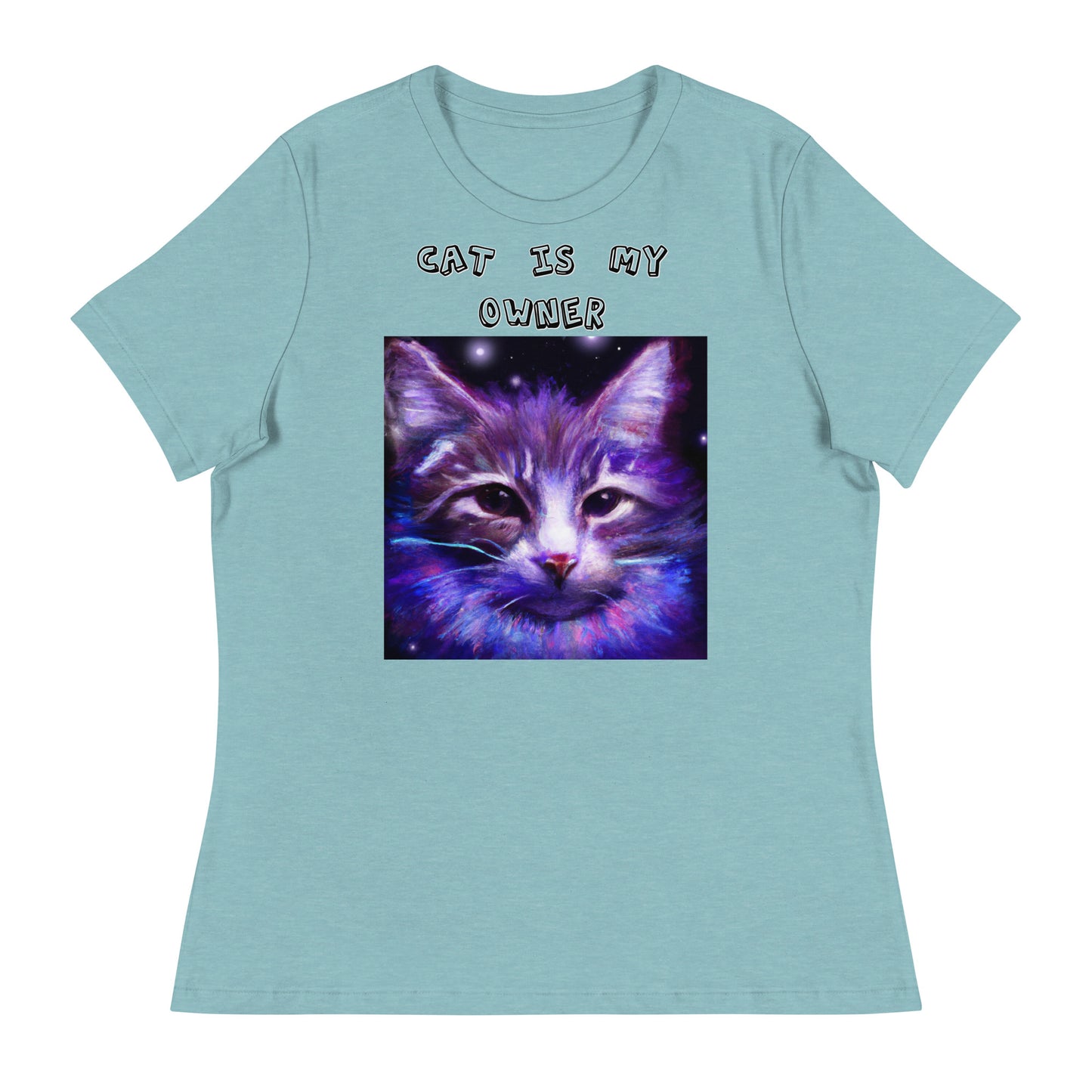 Women's White T-Shirt with Purple Space Cat with a text "Cat Is My Owner" at $25.97 found at Personalizedpetlovergifts