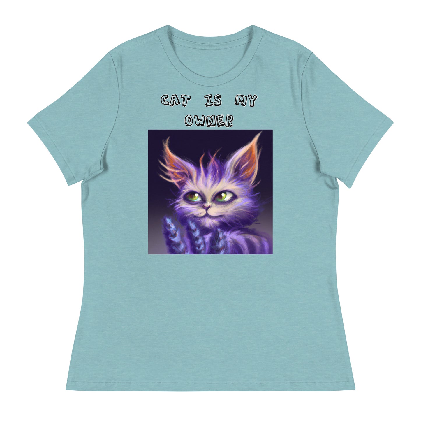 Women's White T-Shirt with Purple Alien Cat with a text "Cat Is My Owner" at $25.97 found at Personalizedpetlovergifts