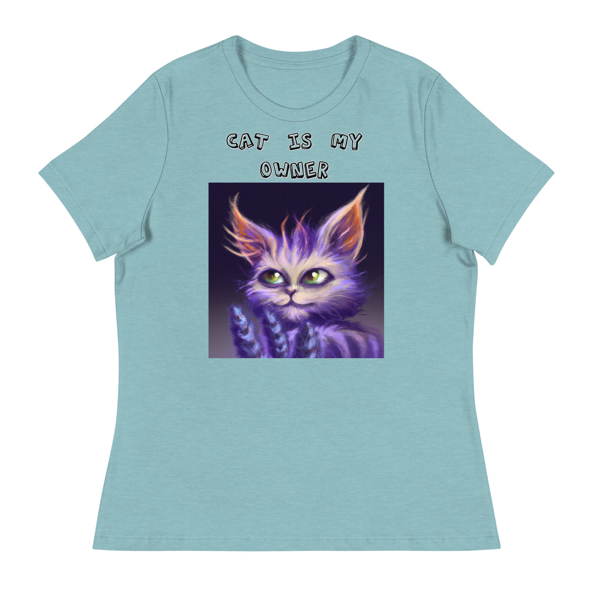 Women's White T-Shirt with Purple Alien Cat with a text "Cat Is My Owner" at $25.97 found at Personalizedpetlovergifts