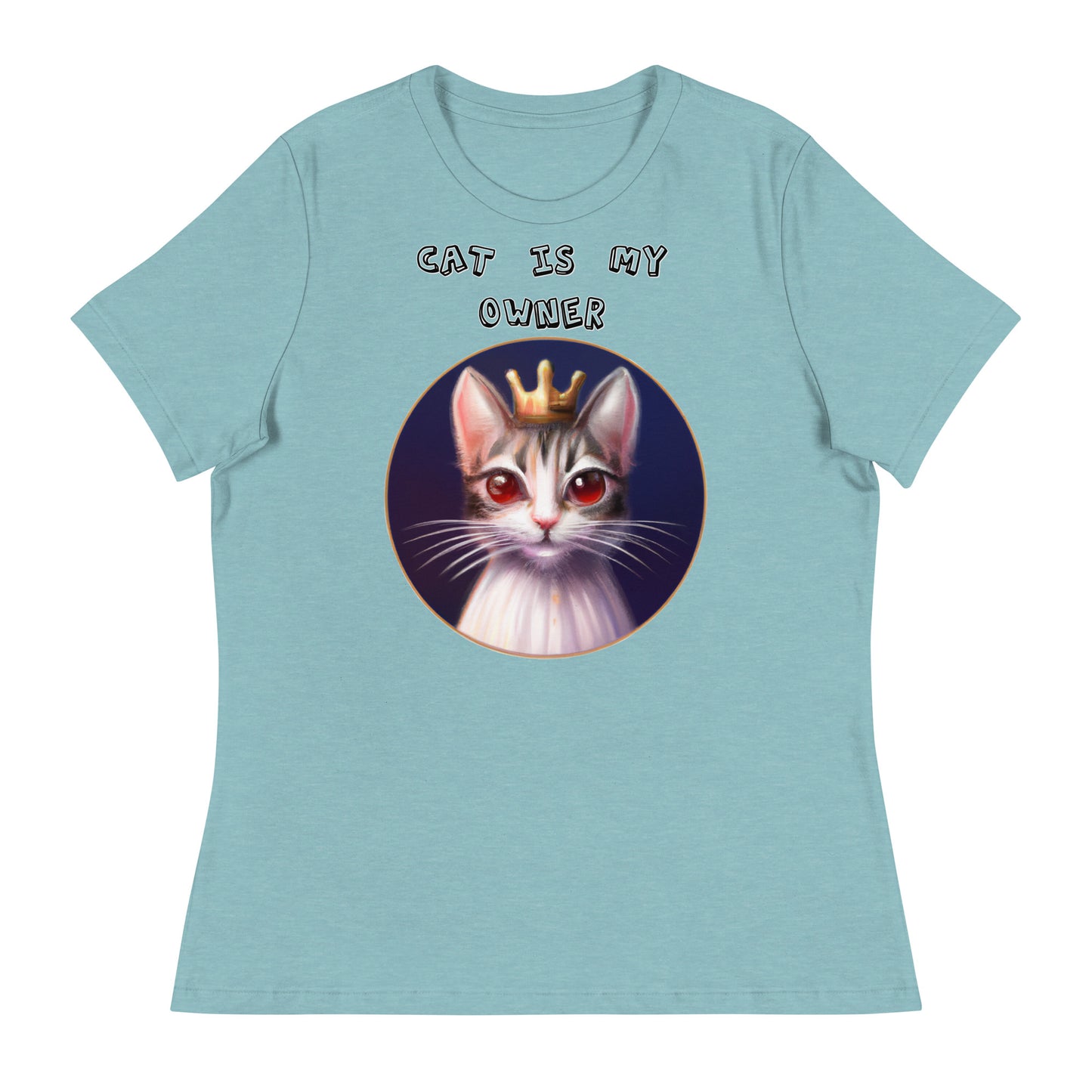 Women's White T-Shirt with Princess Cat With Red Eyes with a text "Cat Is My Owner" at $25.97 found at Personalizedpetlovergifts