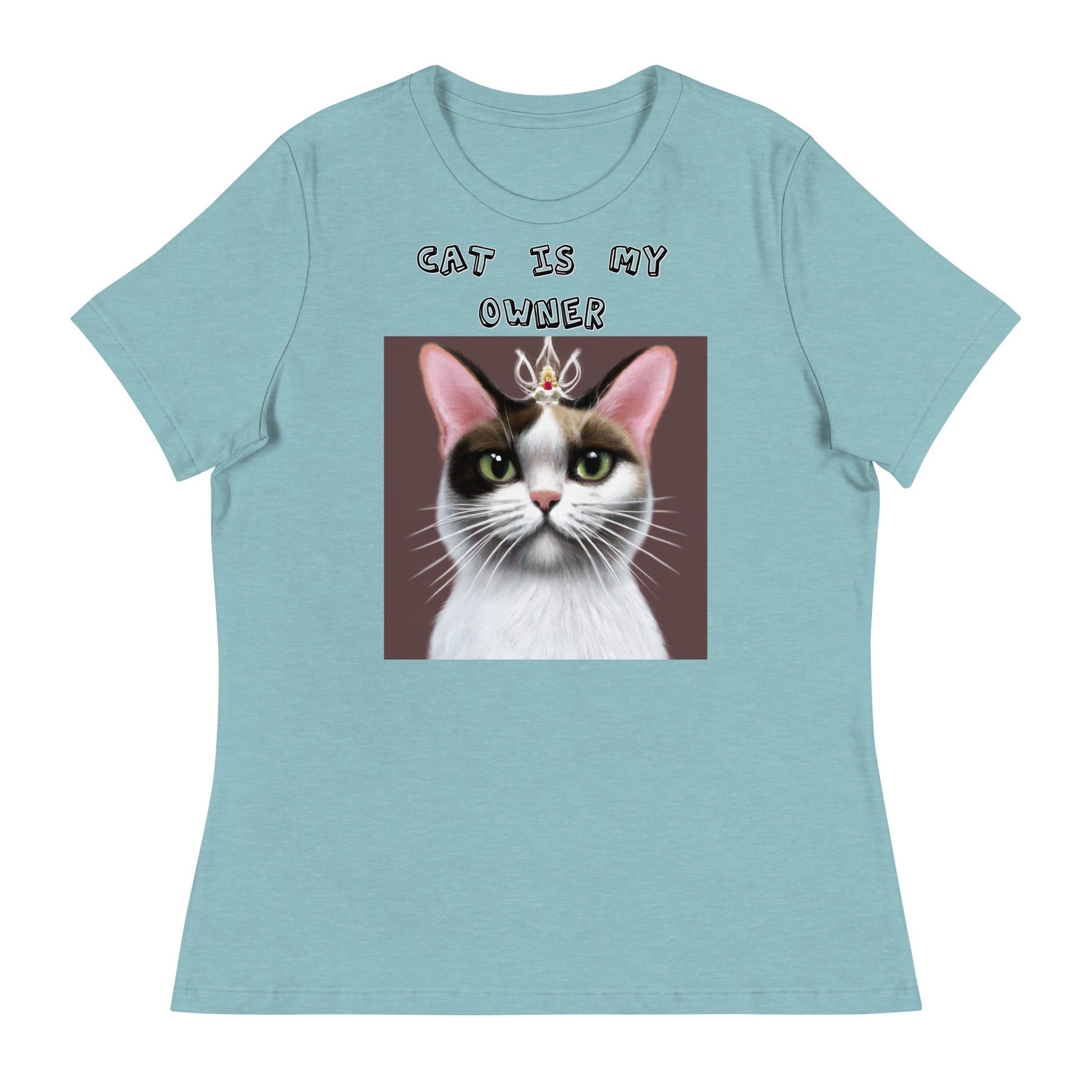 Women's White T-Shirt with Princess Cat With a Tiara with a text "Cat Is My Owner" at $25.97 found at Personalizedpetlovergifts