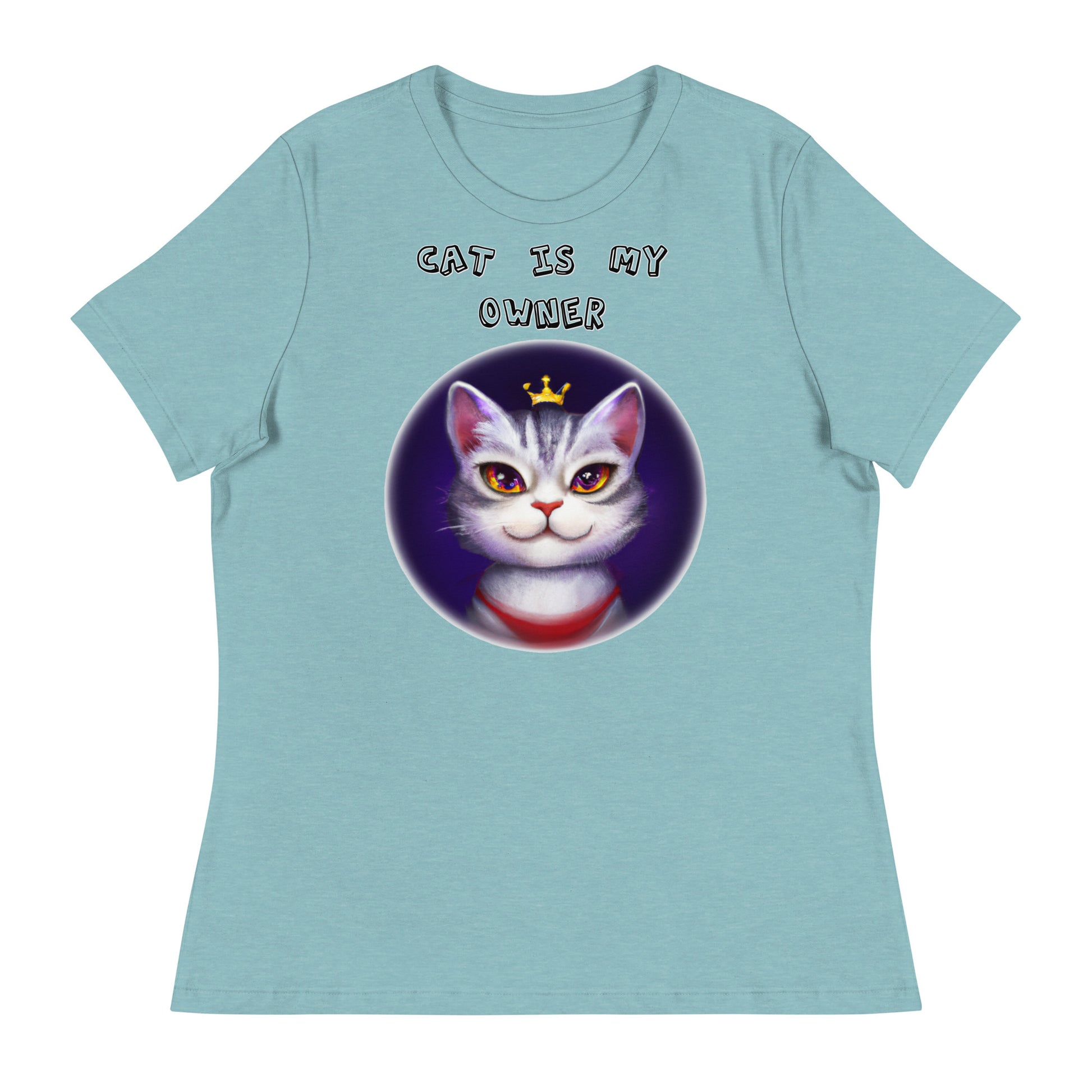 Women's White T-Shirt with Princess Cat In a Circle with a text "Cat Is My Owner" at $25.97 found at Personalizedpetlovergifts