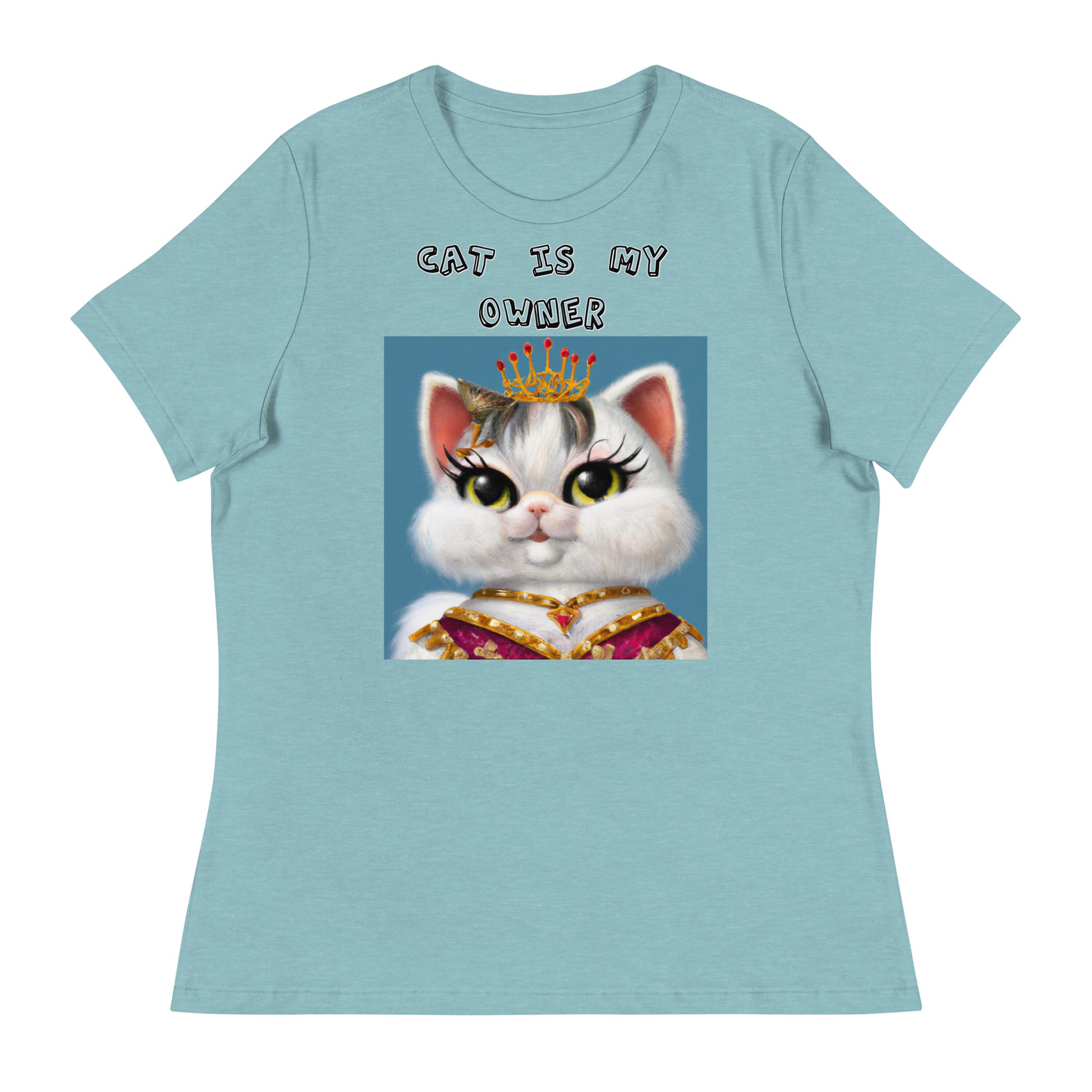 Women's White T-Shirt with Pretty Queen Cat with a text "Cat Is My Owner" at $25.97 found at Personalizedpetlovergifts