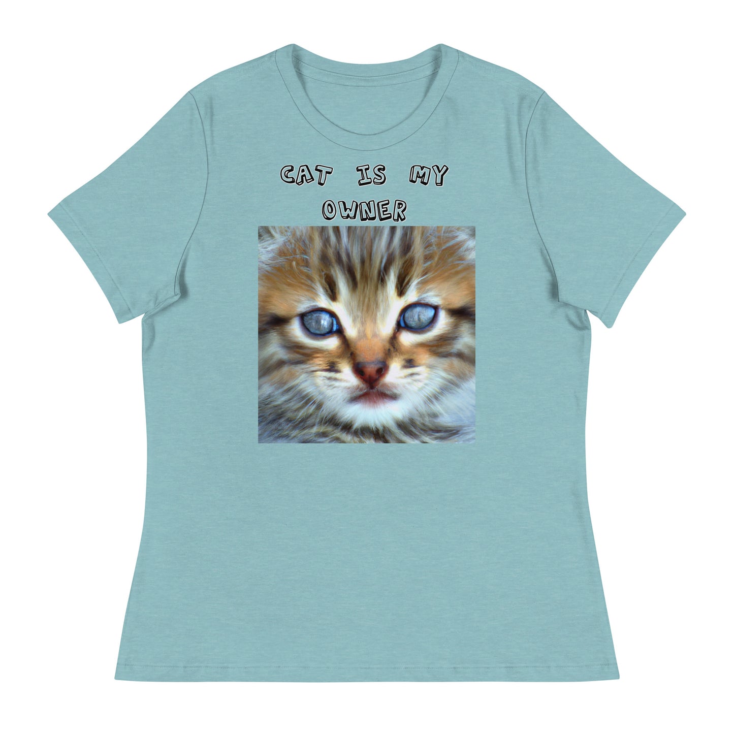 Women's White T-Shirt with Portrait Painting Of a Kitten with a text "Cat Is My Owner" at $25.97 found at Personalizedpetlovergifts