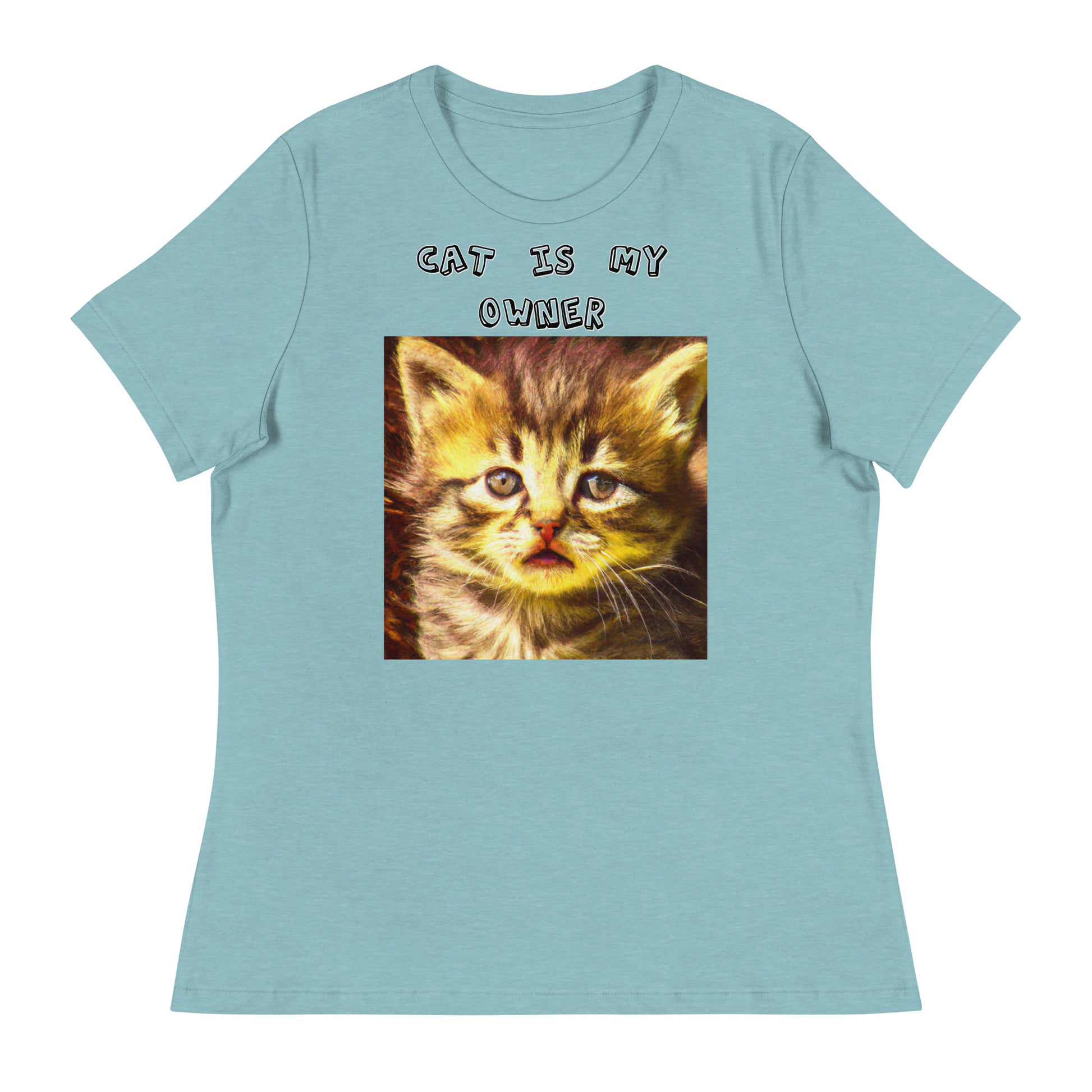 Women's White T-Shirt with Portrait Of a Fluffy Kitten with a text "Cat Is My Owner" at $25.97 found at Personalizedpetlovergifts