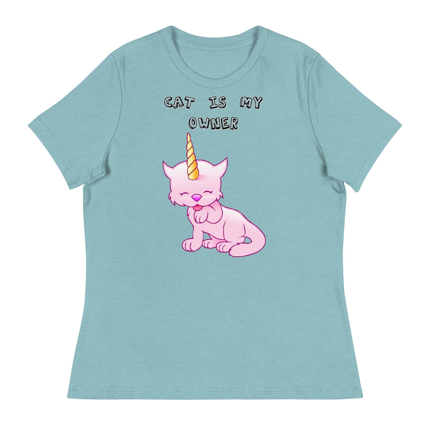 Women's White T-Shirt with Pink Unicorn Cat Licking Its Paw with a text "Cat Is My Owner" at $25.97 found at Personalizedpetlovergifts