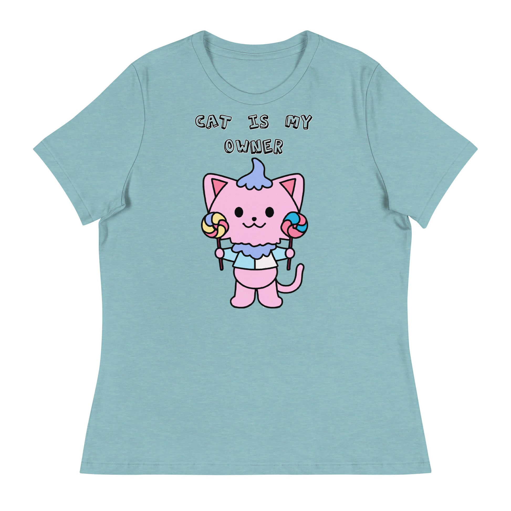 Women's White T-Shirt with Pink Kitten With Lollipops with a text "Cat Is My Owner" at $25.97 found at Personalizedpetlovergifts