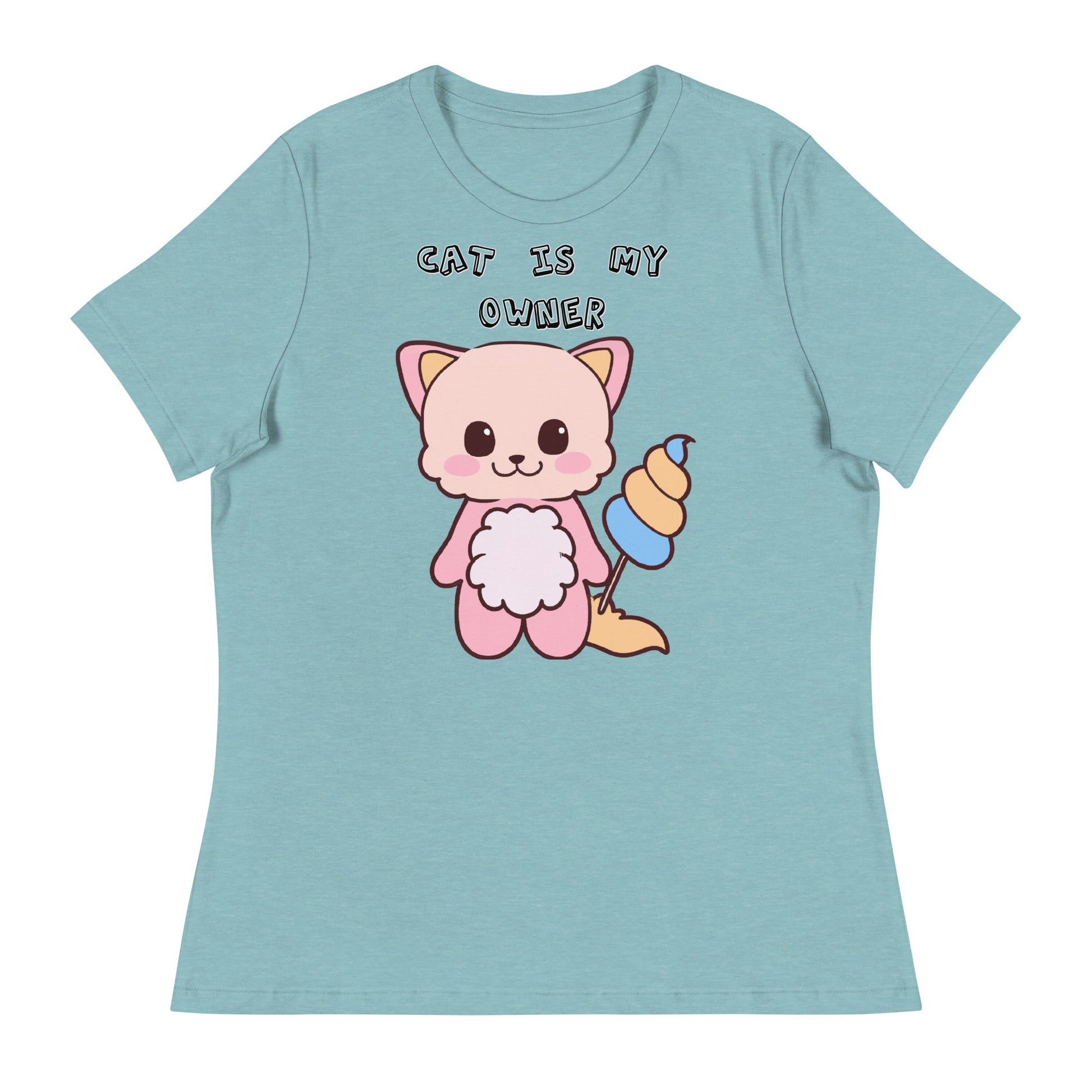 Women's White T-Shirt with Pink Kitten Holding a Cotton Candy with a text "Cat Is My Owner" at $25.97 found at Personalizedpetlovergifts