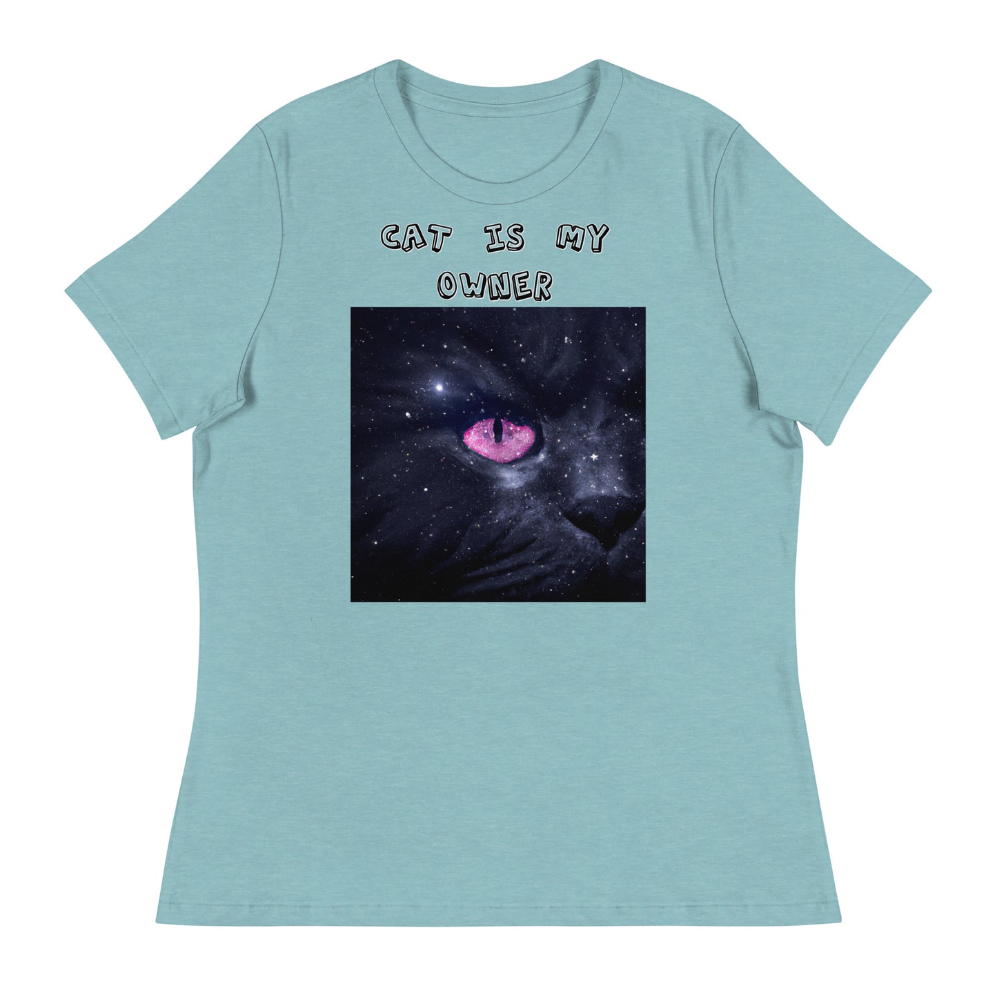 Women's White T-Shirt with Pink Galaxy Eyed Cat with a text "Cat Is My Owner" at $25.97 found at Personalizedpetlovergifts