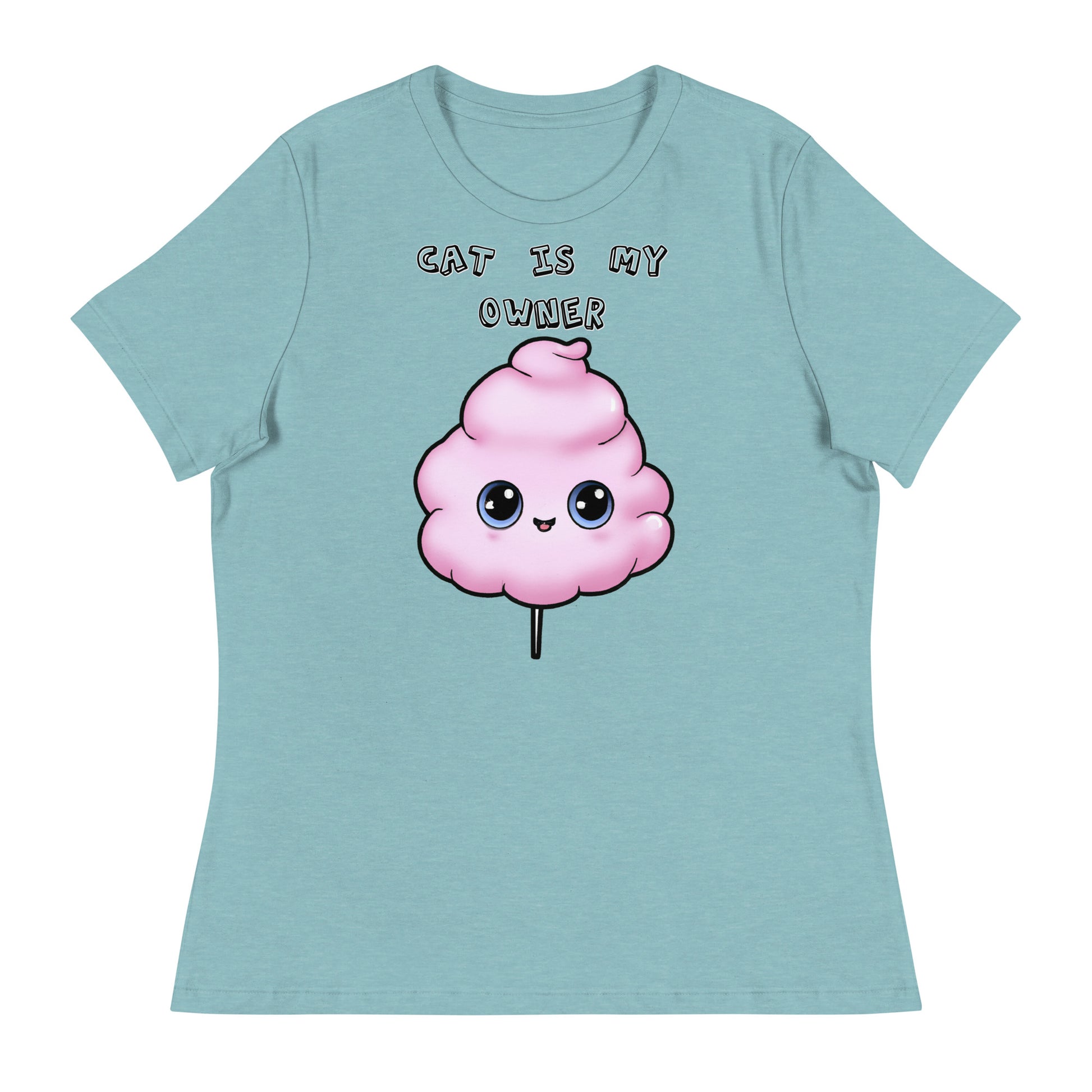 Women's White T-Shirt with Pink Cotton Candy With Cute Eyes with a text "Cat Is My Owner" at $25.97 found at Personalizedpetlovergifts