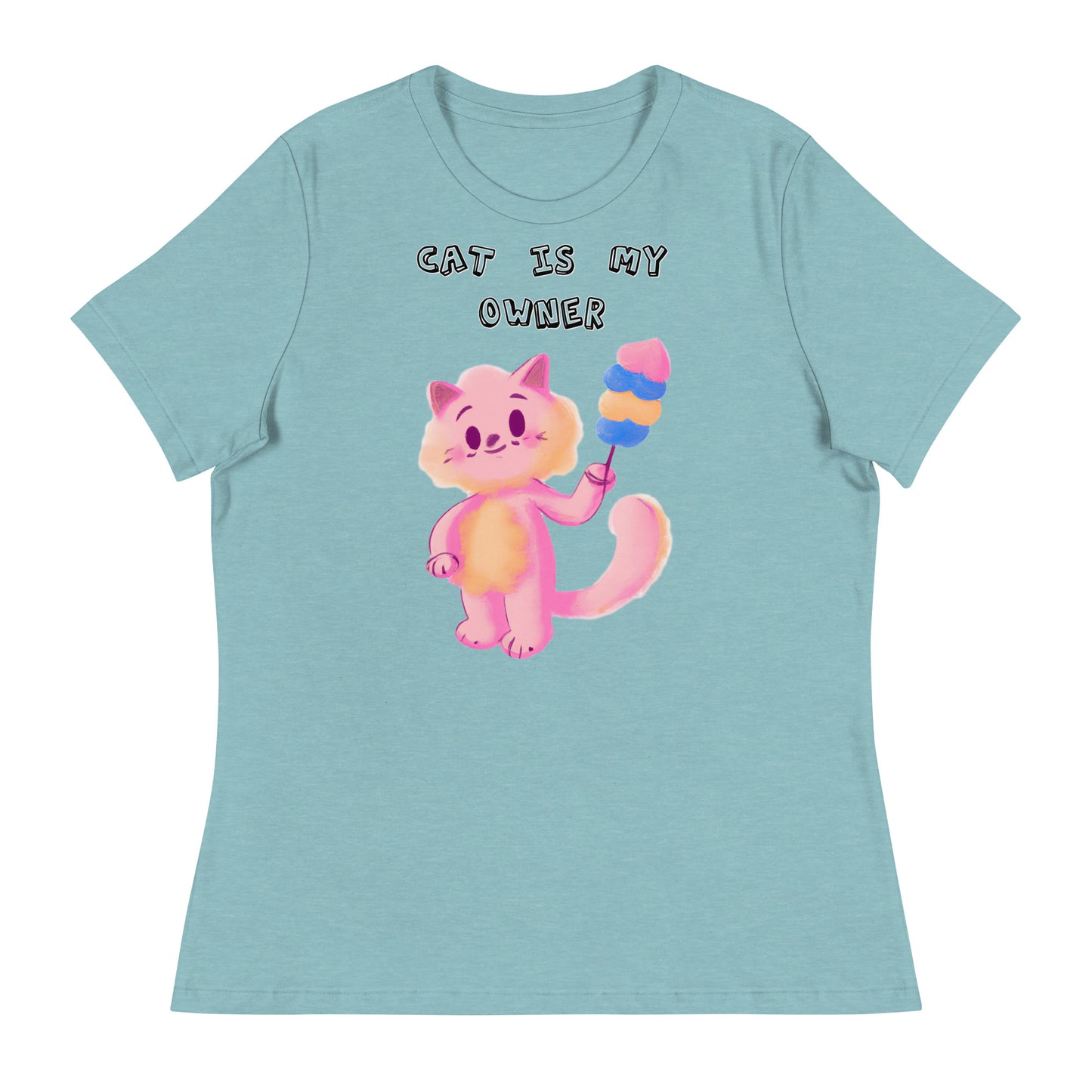 Women's White T-Shirt with Pink Cat With Cotton Candy with a text "Cat Is My Owner" at $25.97 found at Personalizedpetlovergifts