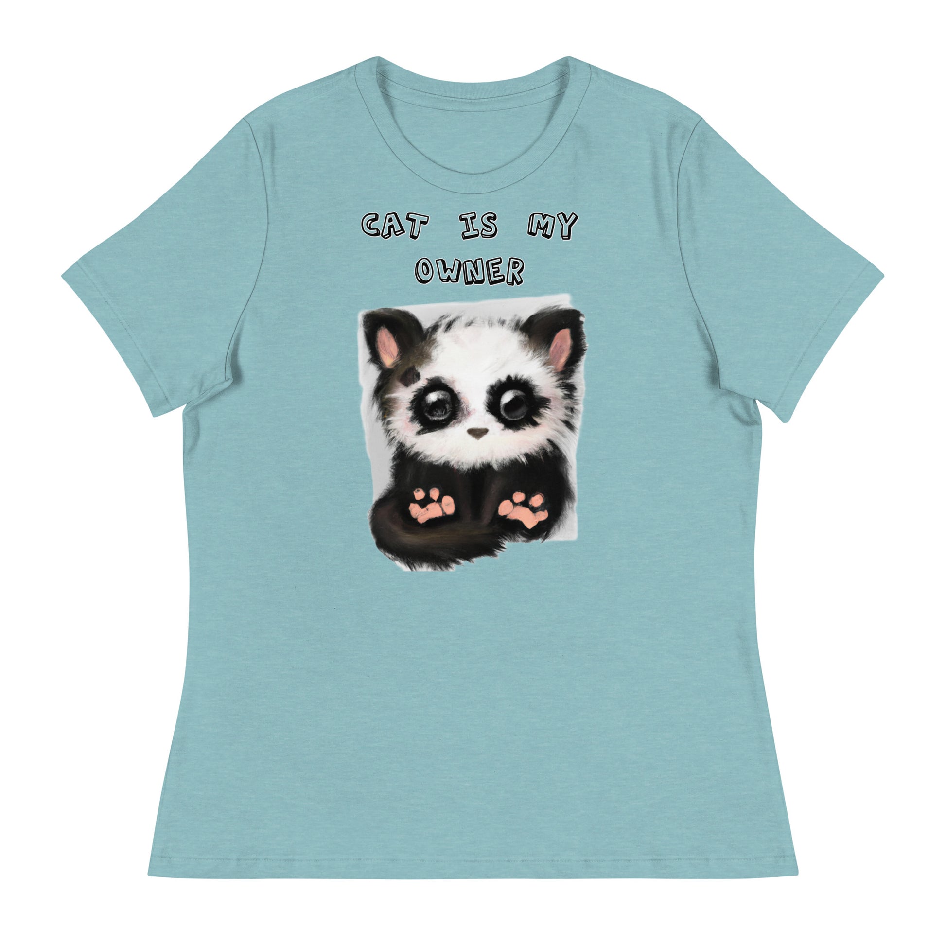 Women's White T-Shirt with Panda Kitten with a text "Cat Is My Owner" at $25.97 found at Personalizedpetlovergifts