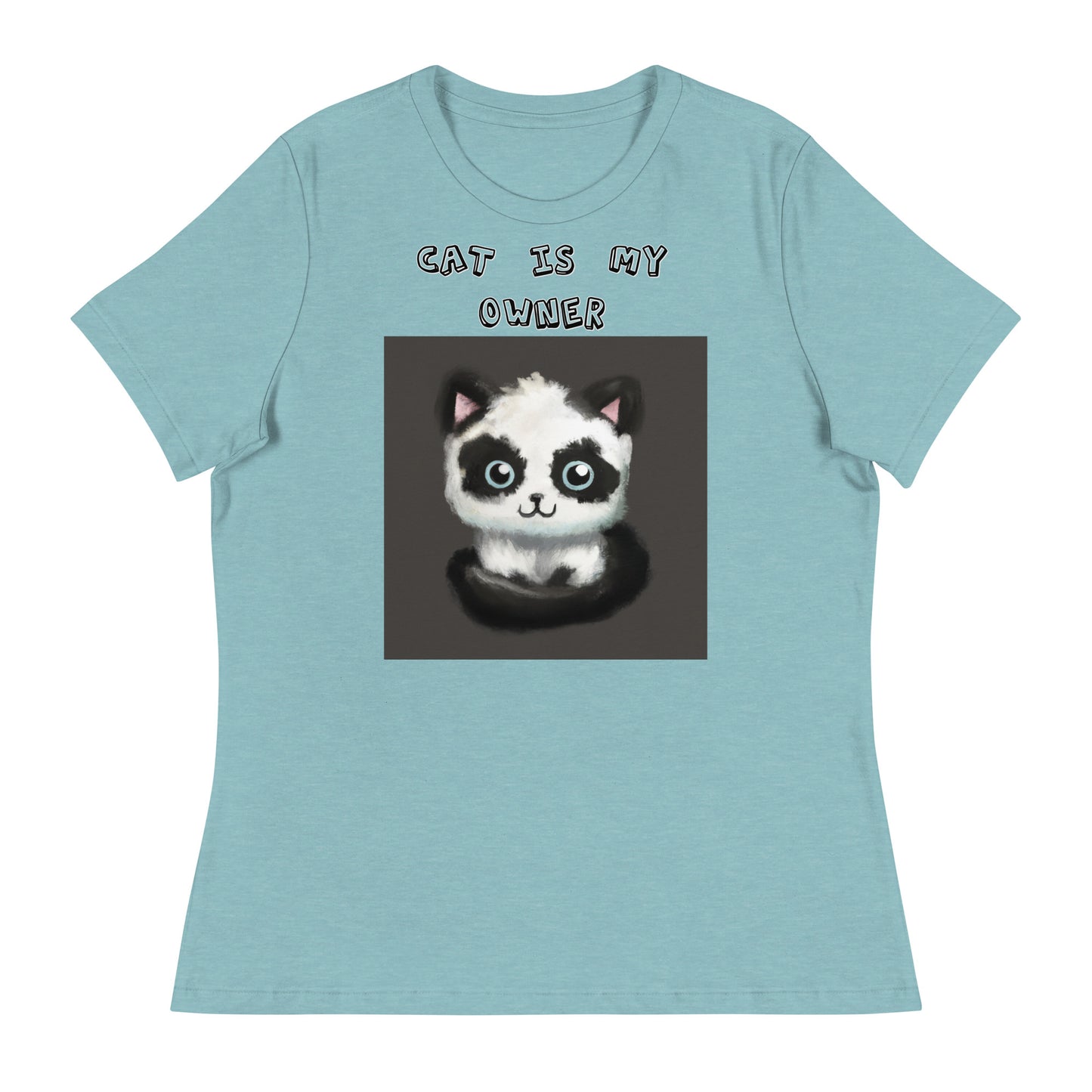 Women's White T-Shirt with Panda Colored Kitten with a text "Cat Is My Owner" at $25.97 found at Personalizedpetlovergifts