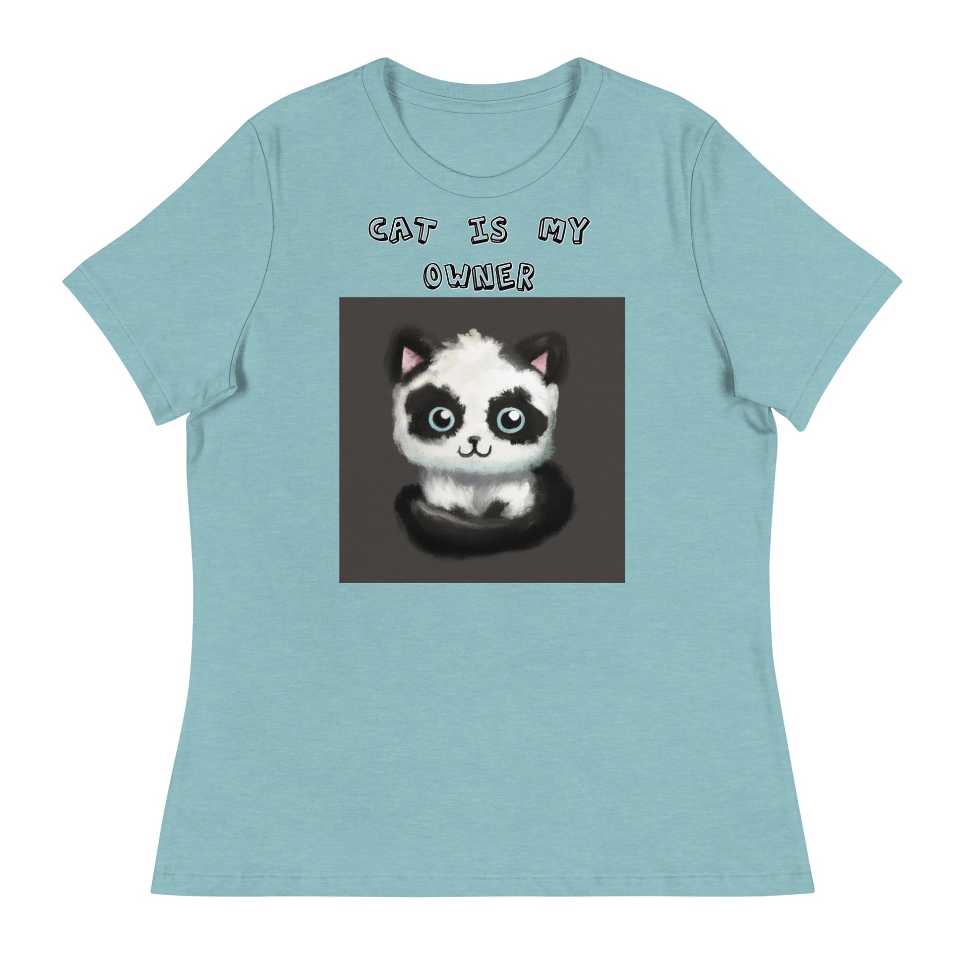 Women's White T-Shirt with Panda Colored Kitten with a text "Cat Is My Owner" at $25.97 found at Personalizedpetlovergifts