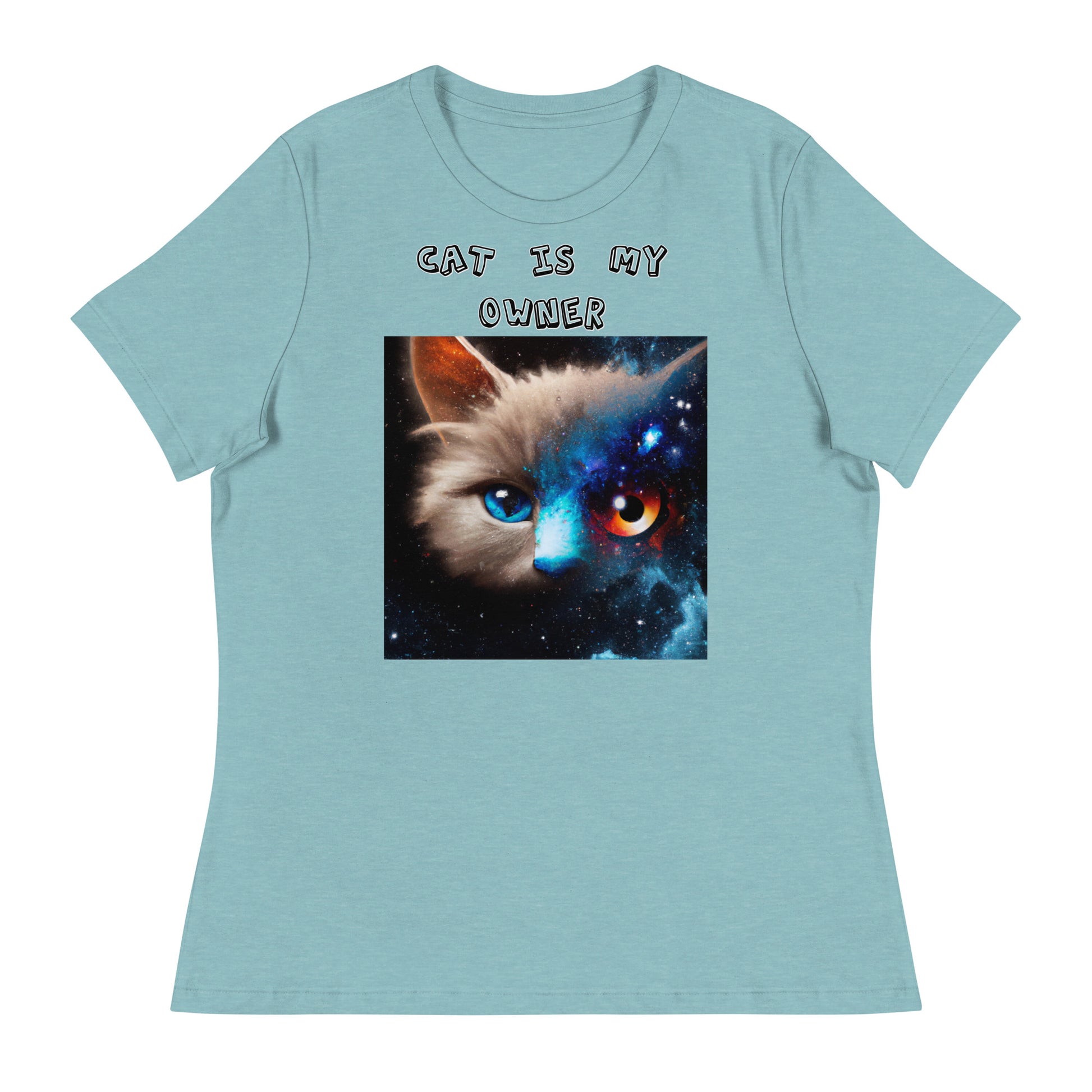 Women's White T-Shirt with Multi Colored Eyed Cat with a text "Cat Is My Owner" at $25.97 found at Personalizedpetlovergifts