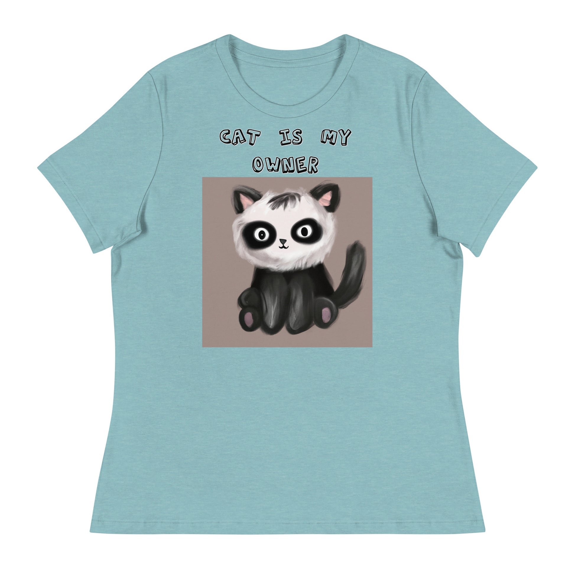 Women's White T-Shirt with Kitten With Panda Colors with a text "Cat Is My Owner" at $25.97 found at Personalizedpetlovergifts