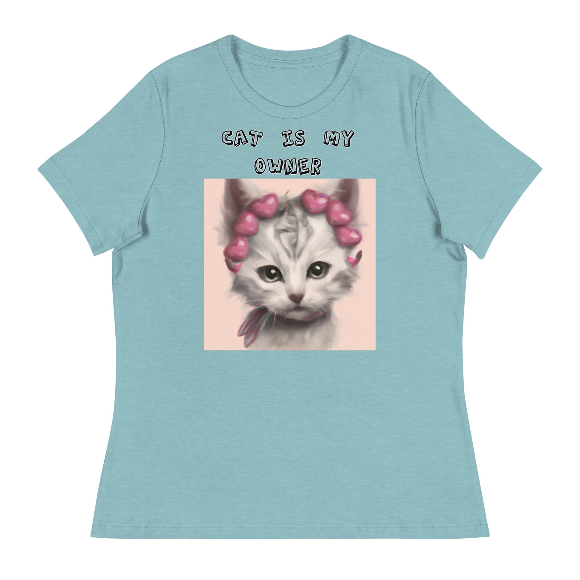 Women's White T-Shirt with Kitten With Heart Headband with a text "Cat Is My Owner" at $25.97 found at Personalizedpetlovergifts