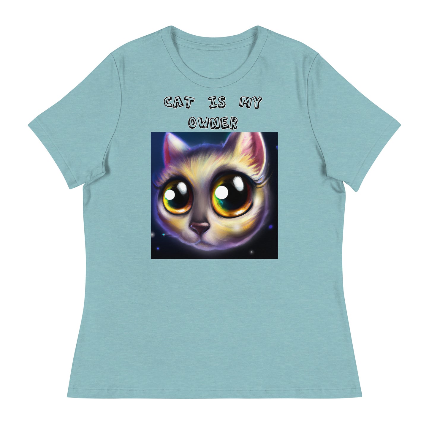 Women's White T-Shirt with Kitten With Cute Sad Eyes with a text "Cat Is My Owner" at $25.97 found at Personalizedpetlovergifts