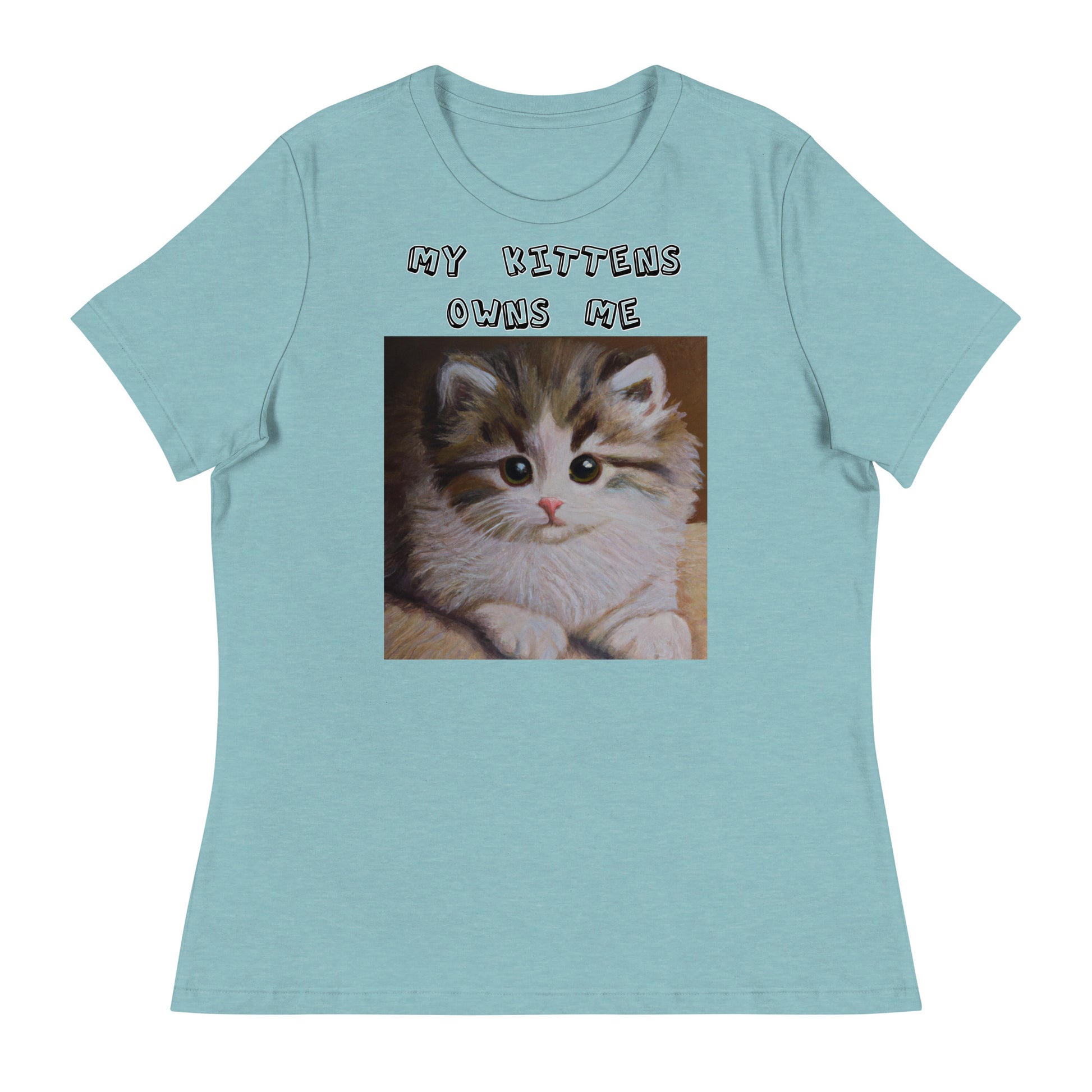 Women's White T-Shirt with Small Fluffy Kitten Painting with a text "My Kittens Own Me" at $25.97 found at Personalizedpetlovergifts