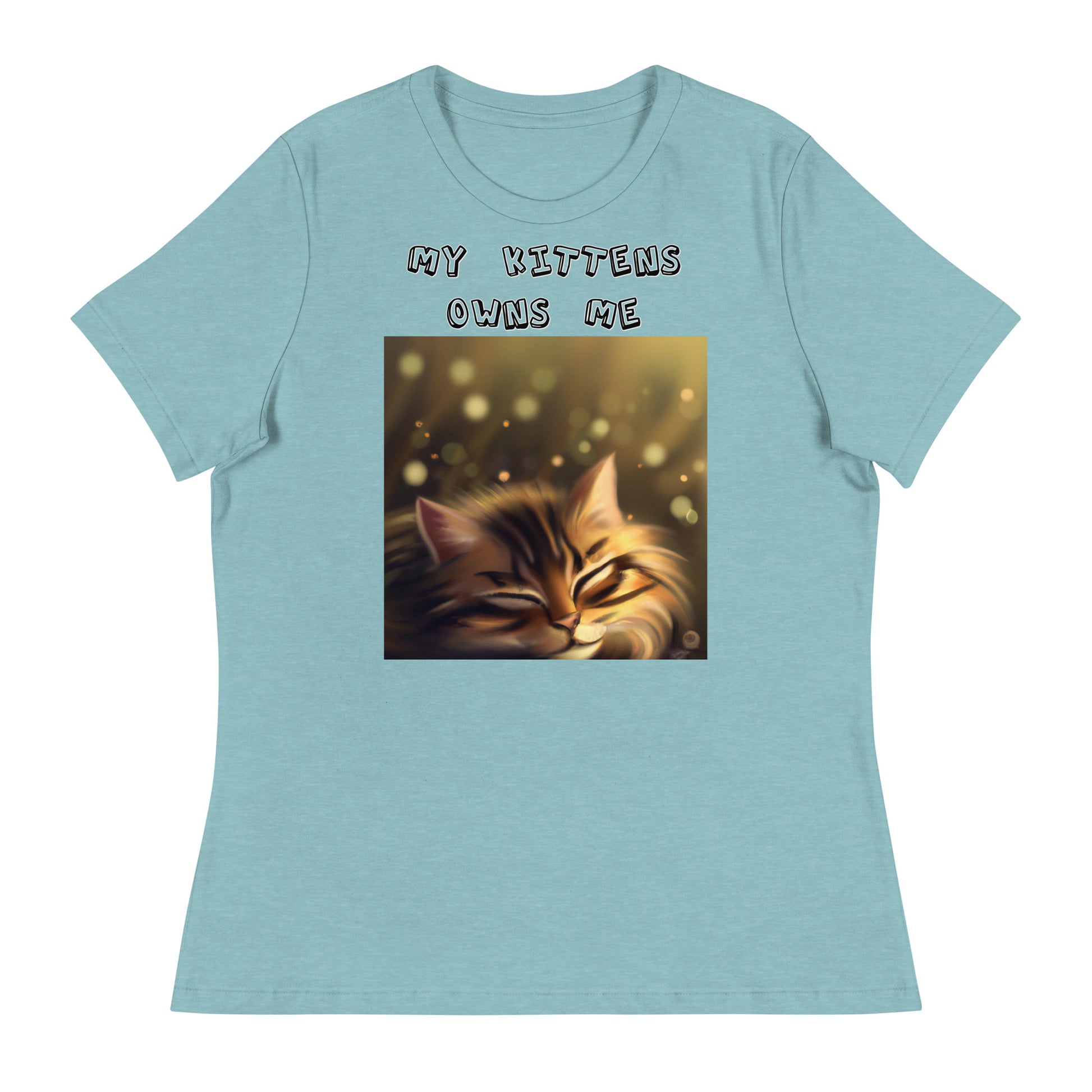 Women's White T-Shirt with Sleepy Cat with a text "My Kittens Own Me" at $25.97 found at Personalizedpetlovergifts