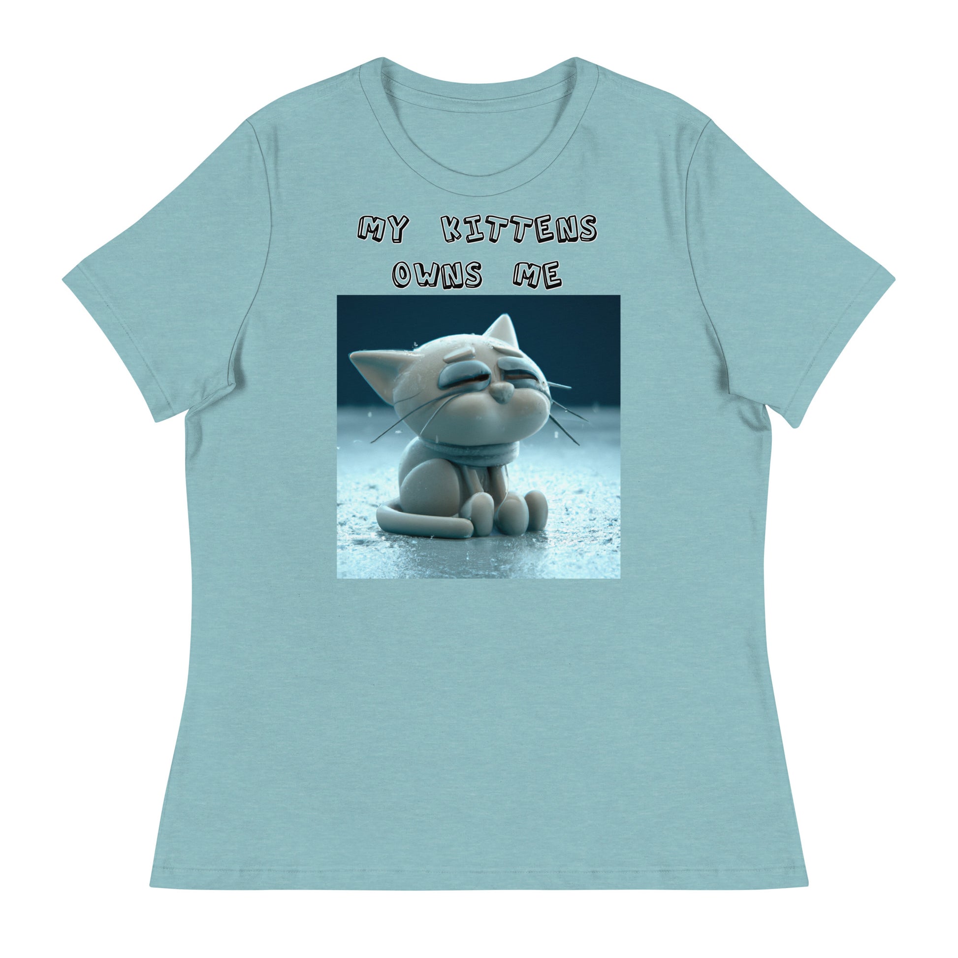 Women's White T-Shirt with Sad Sitting Kitten with a text "My Kittens Own Me" at $25.97 found at Personalizedpetlovergifts