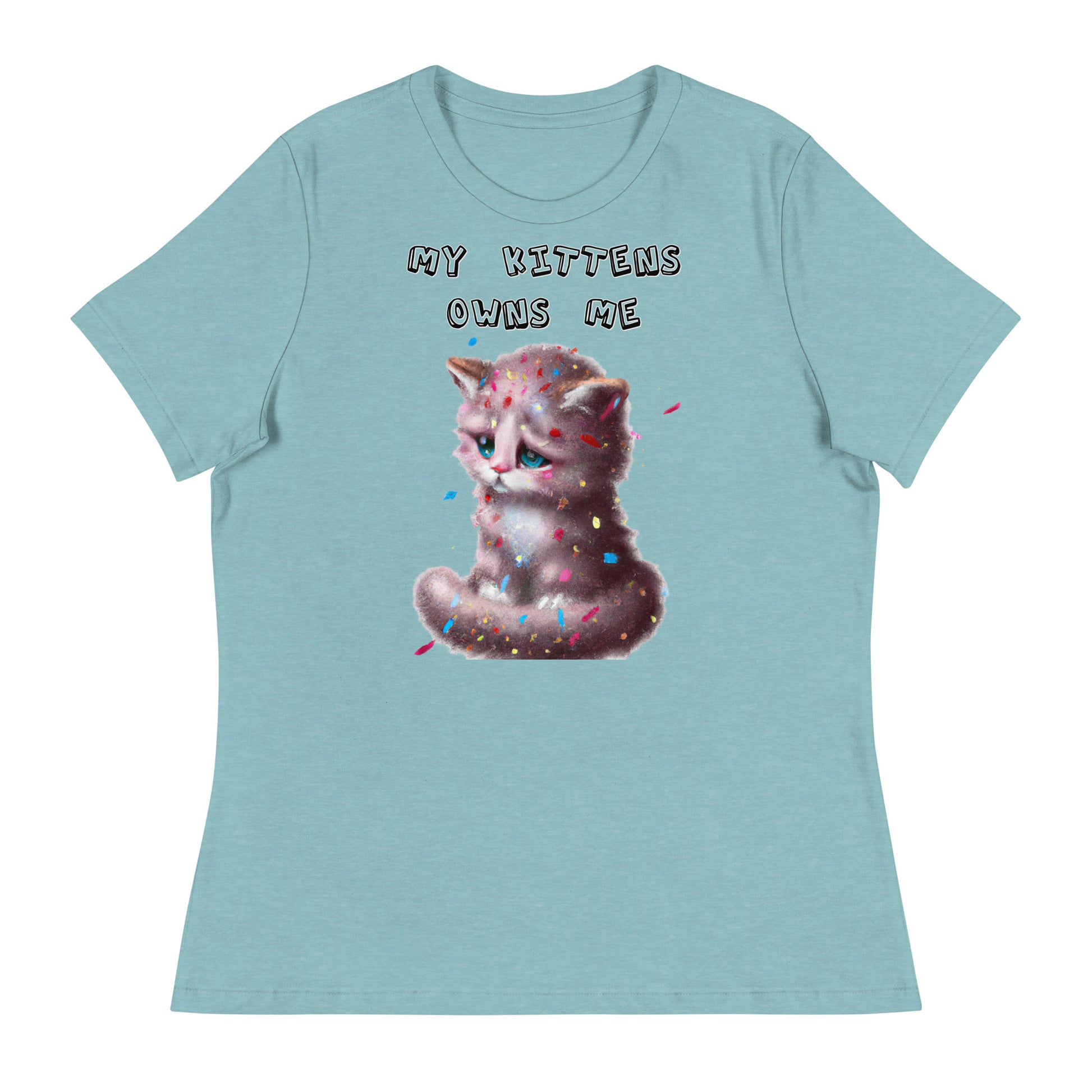 Women's White T-Shirt with Sad Kitten With Confetti with a text "My Kittens Own Me" at $25.97 found at Personalizedpetlovergifts