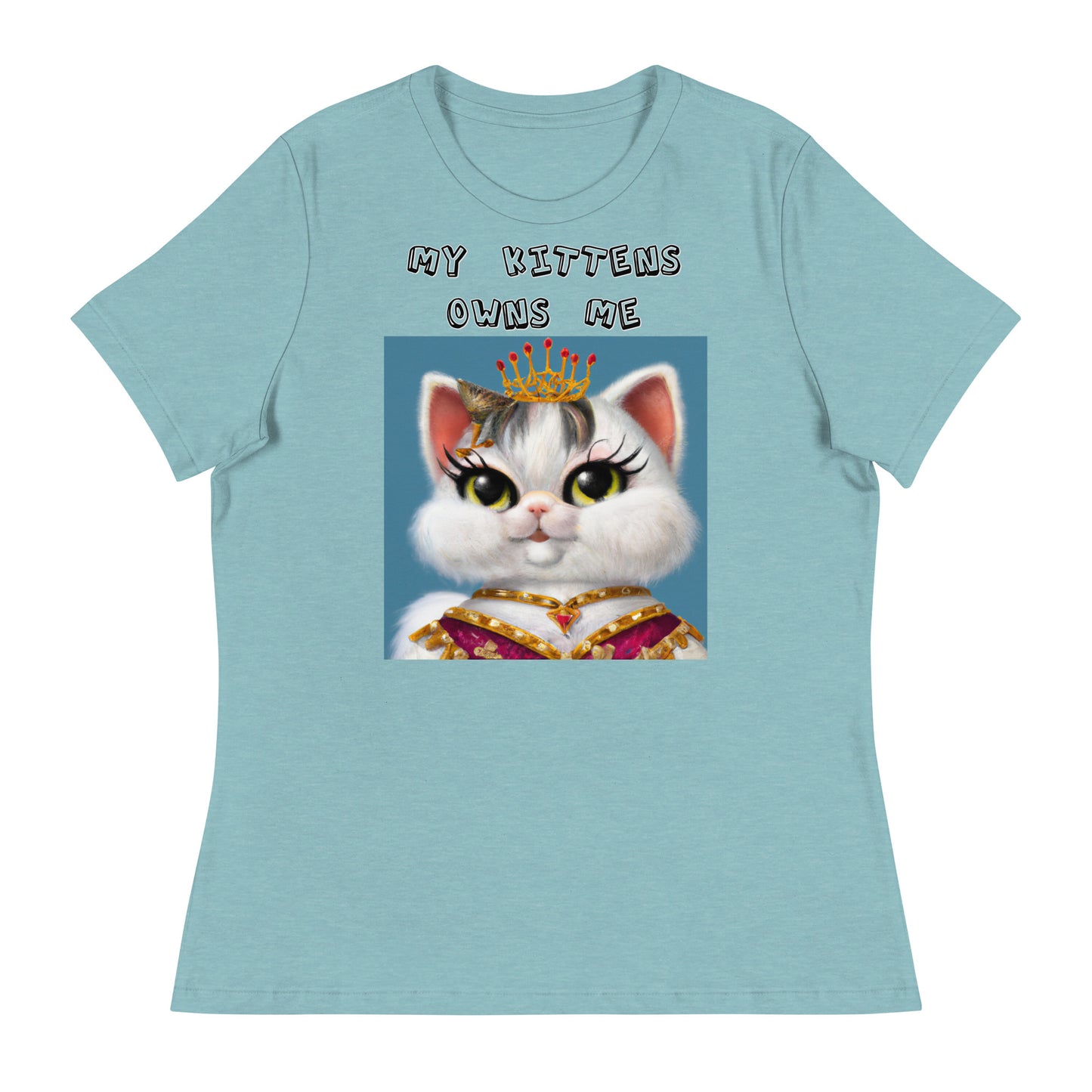 Women's White T-Shirt with Pretty Queen Cat with a text "My Kittens Own Me" at $25.97 found at Personalizedpetlovergifts