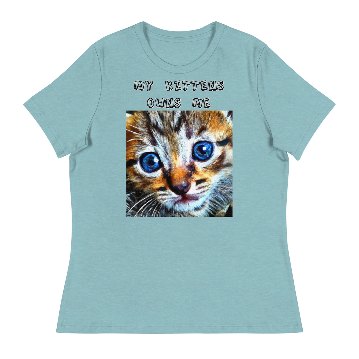 Women's White T-Shirt with Portrait Painting Of a Cat with a text "My Kittens Own Me" at $25.97 found at Personalizedpetlovergifts