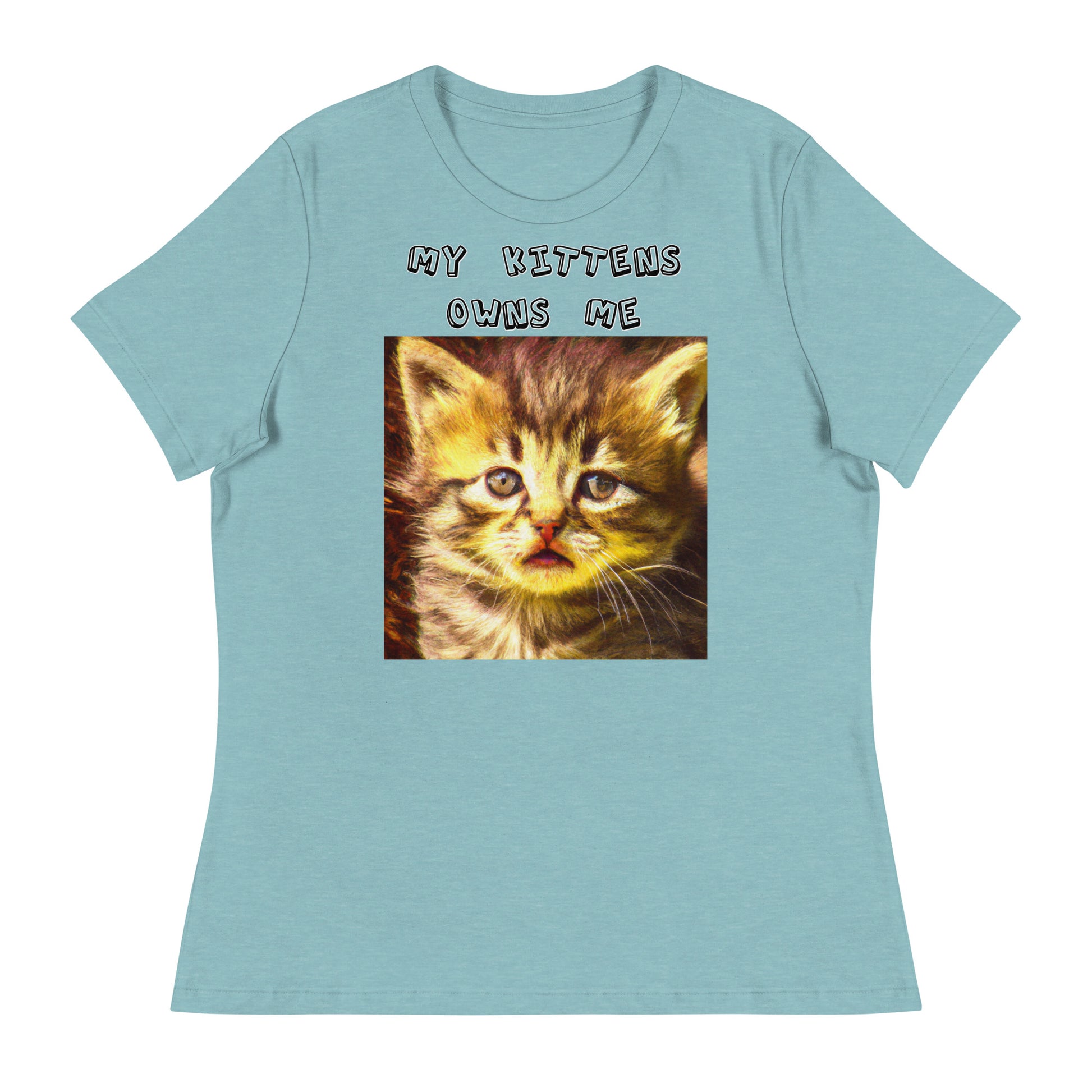 Women's White T-Shirt with Portrait Of a Fluffy Kitten with a text "My Kittens Own Me" at $25.97 found at Personalizedpetlovergifts