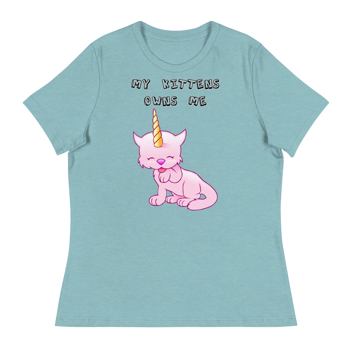 Women's White T-Shirt with Pink Unicorn Cat Licking Its Paw with a text "My Kittens Own Me" at $25.97 found at Personalizedpetlovergifts