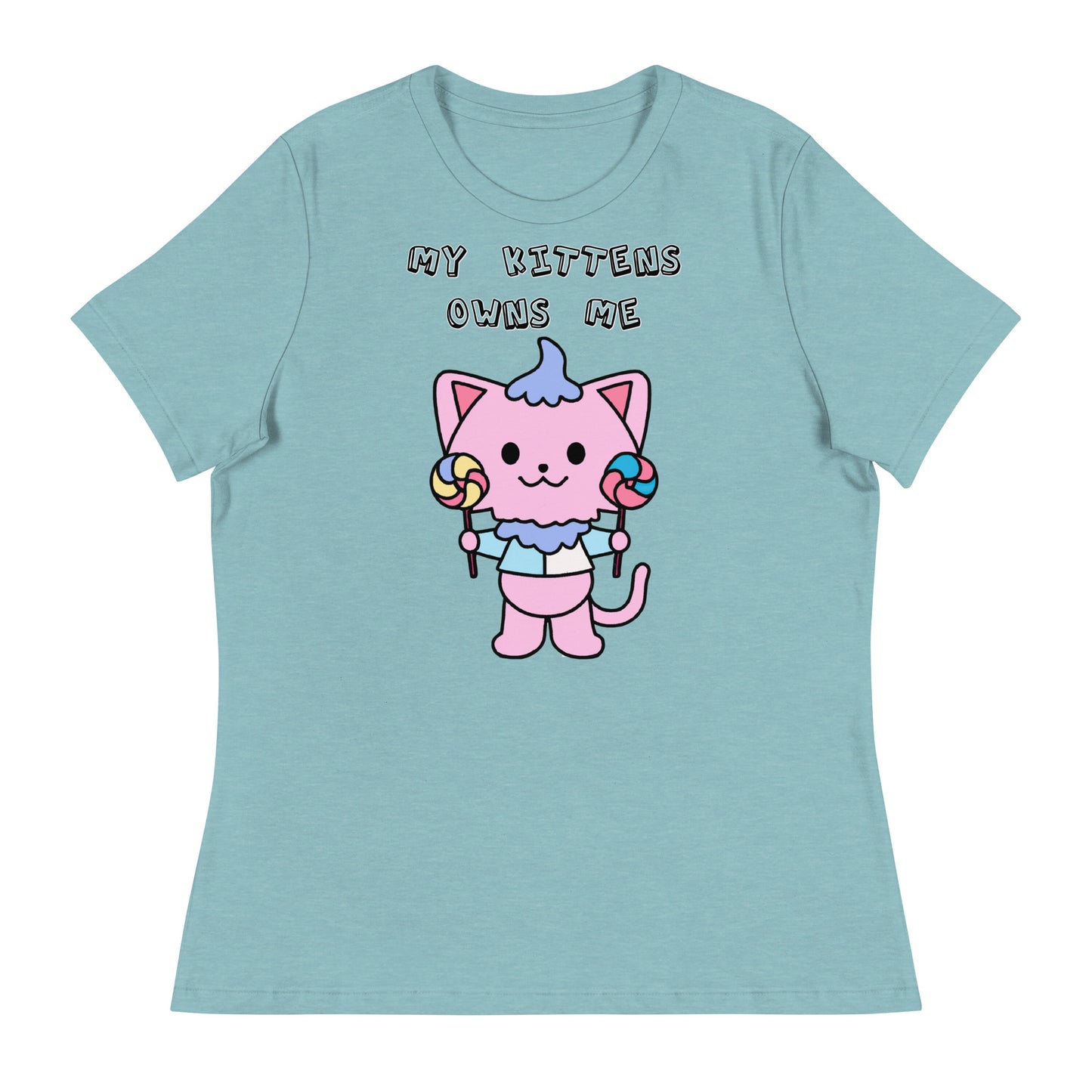 Women's White T-Shirt with Pink Kitten With Lollipops with a text "My Kittens Own Me" at $25.97 found at Personalizedpetlovergifts