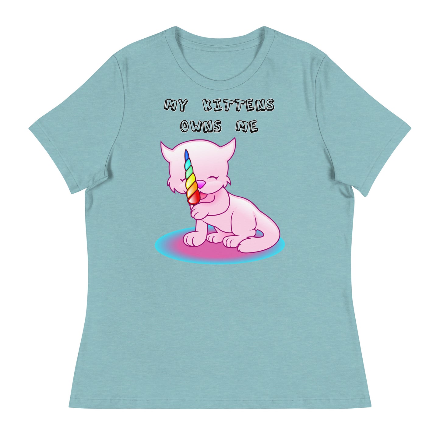 Women's White T-Shirt with Pink Kitten Licking Candy with a text "My Kittens Own Me" at $25.97 found at Personalizedpetlovergifts