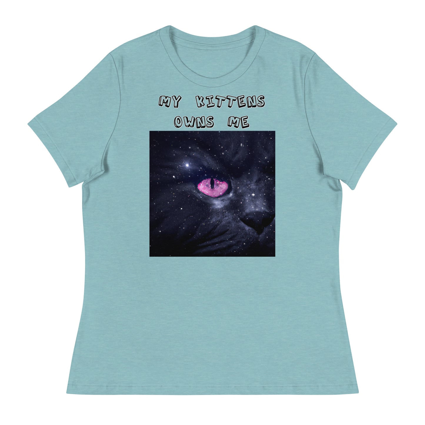 Women's White T-Shirt with Pink Galaxy Eyed Cat with a text "My Kittens Own Me" at $25.97 found at Personalizedpetlovergifts