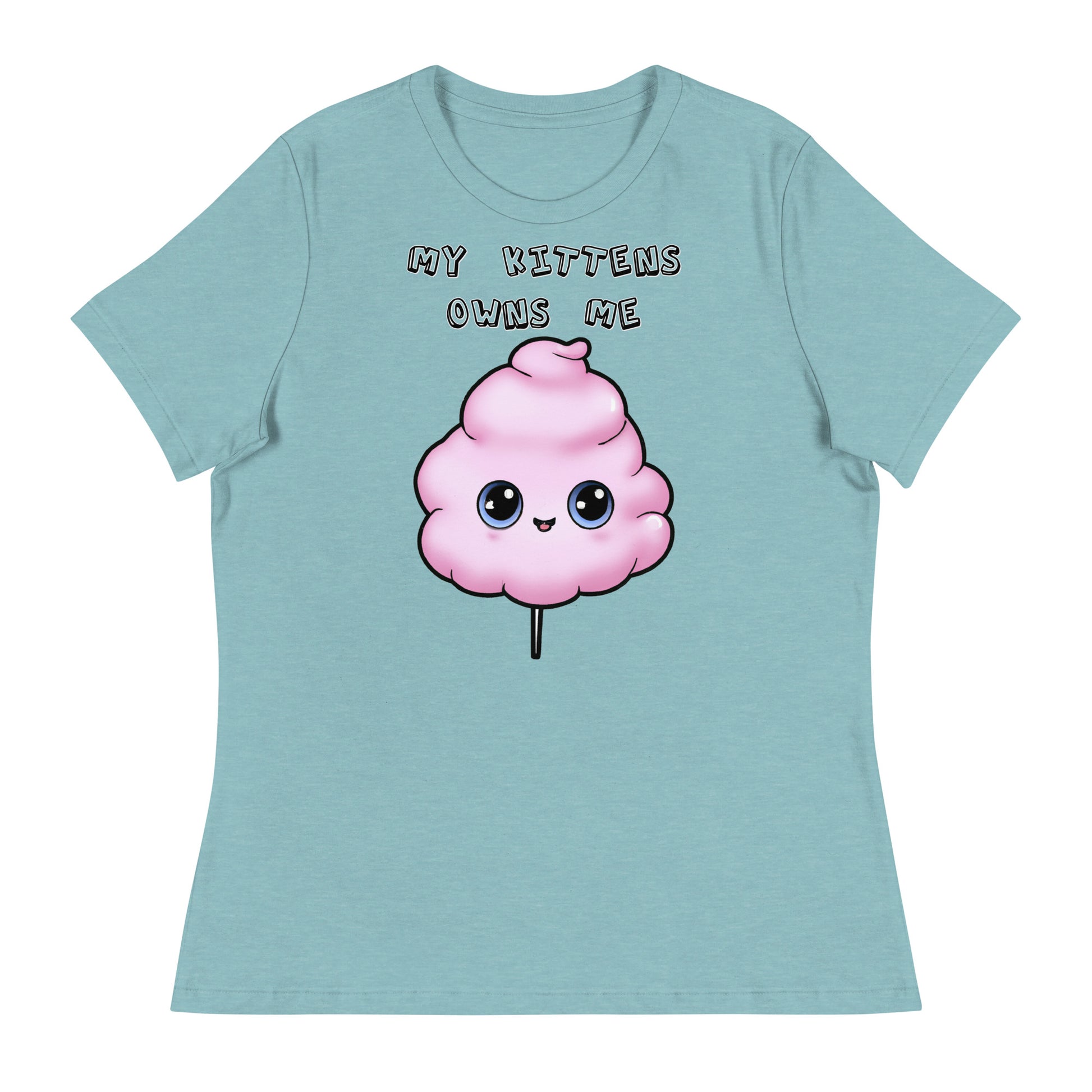 Women's White T-Shirt with Pink Cotton Candy With Cute Eyes with a text "My Kittens Own Me" at $25.97 found at Personalizedpetlovergifts