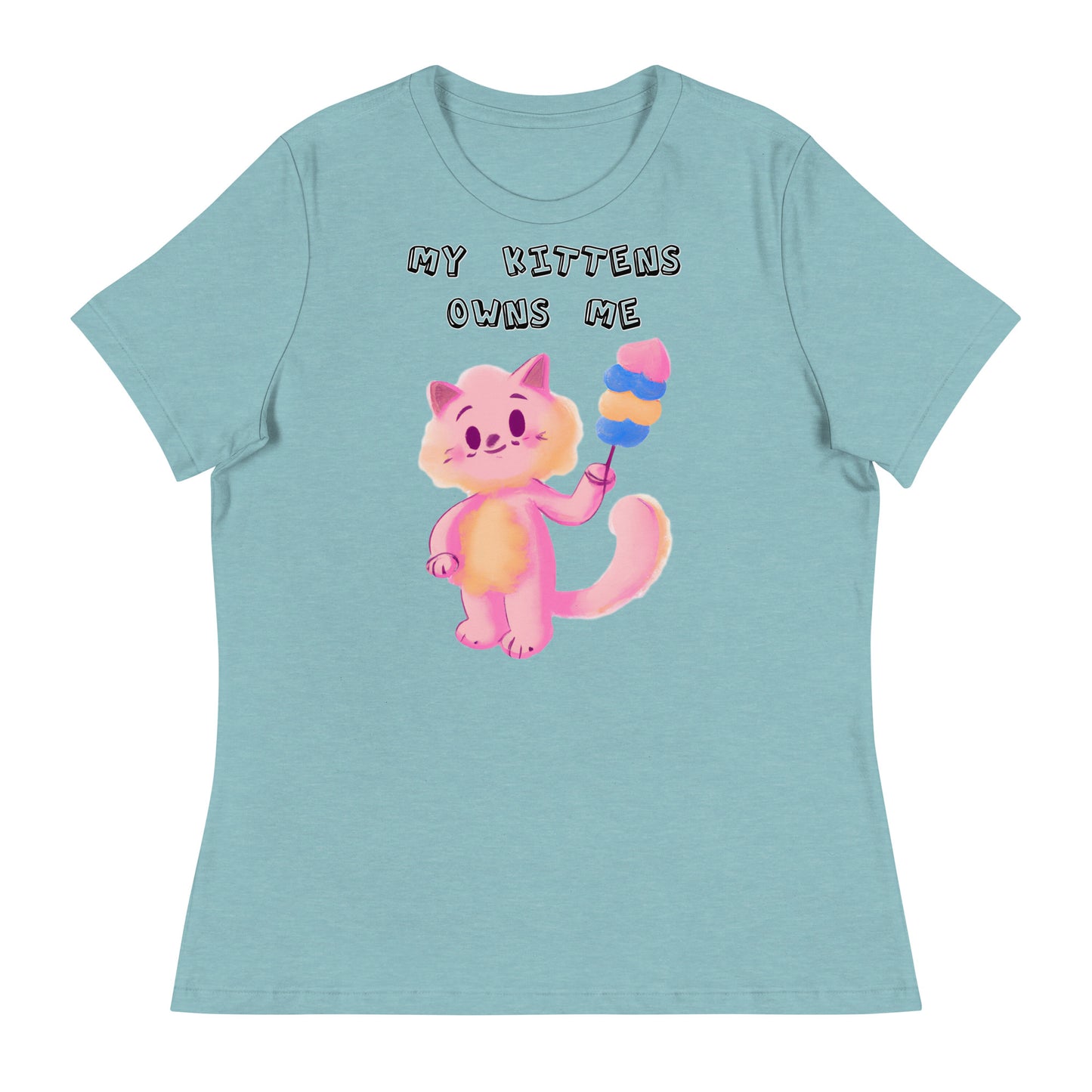 Women's White T-Shirt with Pink Cat With Cotton Candy with a text "My Kittens Own Me" at $25.97 found at Personalizedpetlovergifts