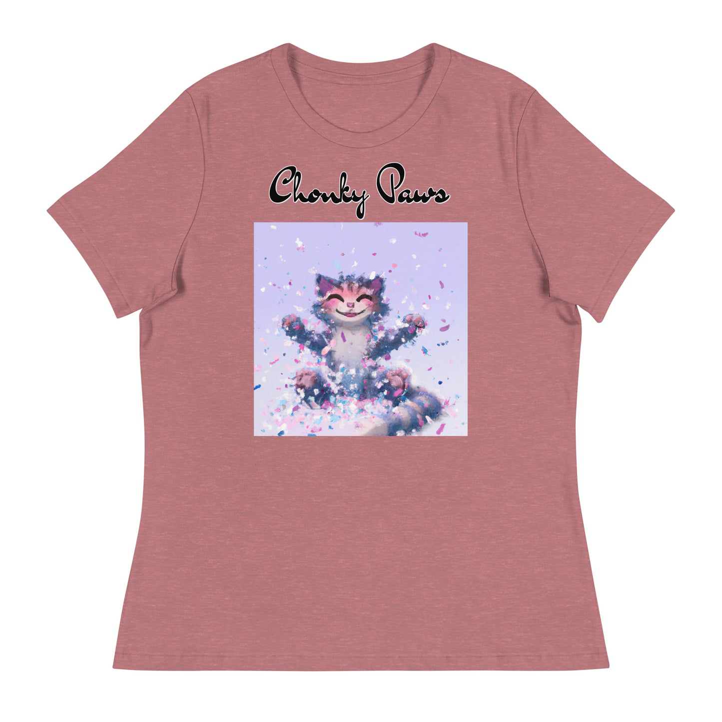 Women's T-Shirt with Kitten Enjoying Confetti with a text "Chonky Paws" at $25.97 found at Personalizedpetlovergifts