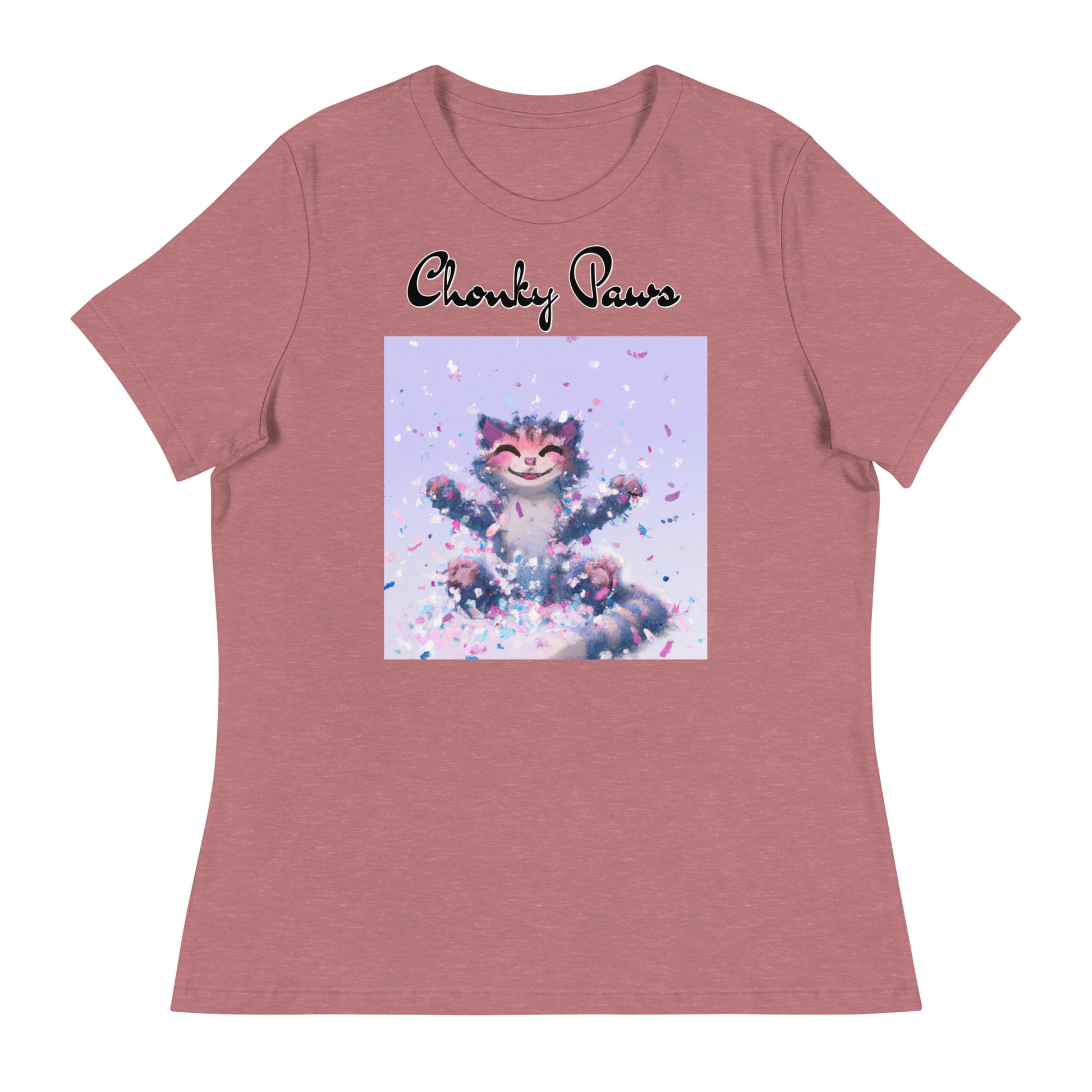 Women's T-Shirt with Kitten Enjoying Confetti with a text "Chonky Paws" at $25.97 found at Personalizedpetlovergifts