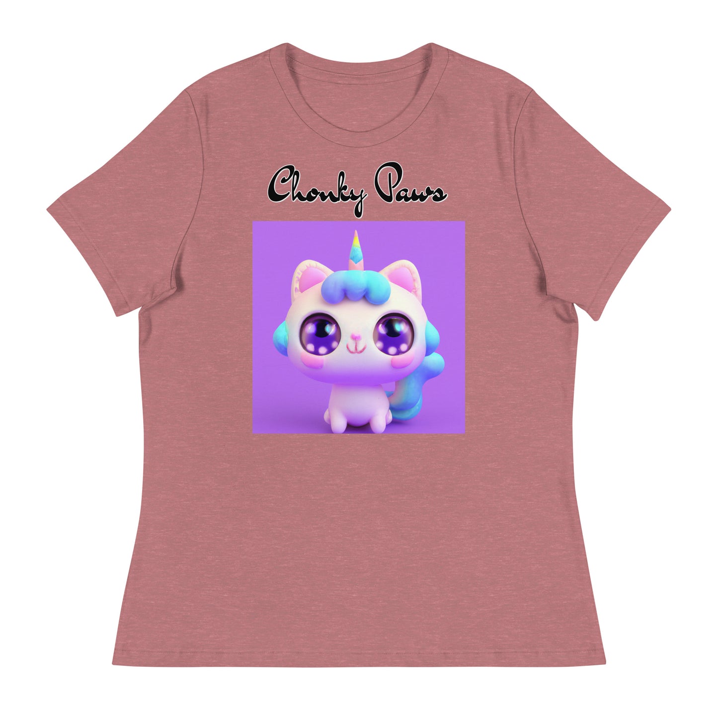 Women's T-Shirt with Happy Unicorn Kitten with a text "Chonky Paws" at $25.97 found at Personalizedpetlovergifts