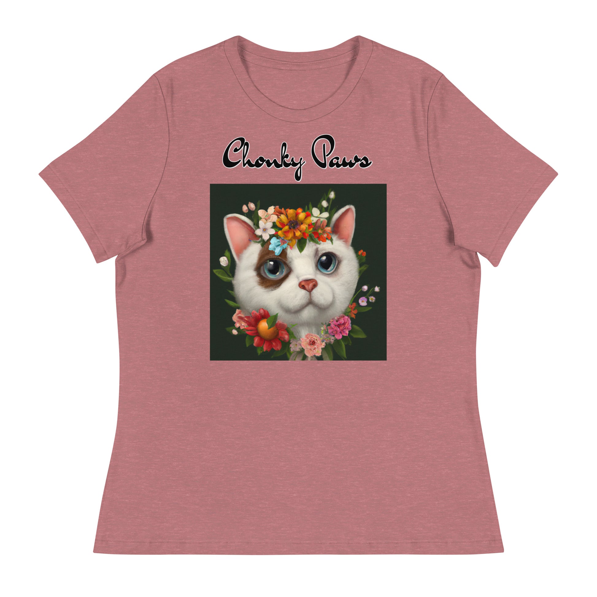 Women's T-Shirt with Happy Cat Portrait With Flowers with a text "Chonky Paws" at $25.97 found at Personalizedpetlovergifts