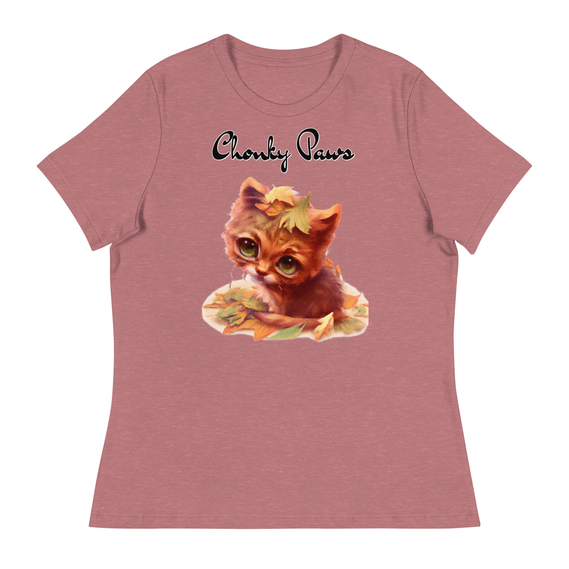 Women's T-Shirt with Ginger Cat With Autumn Leaves with a text "Chonky Paws" at $25.97 found at Personalizedpetlovergifts