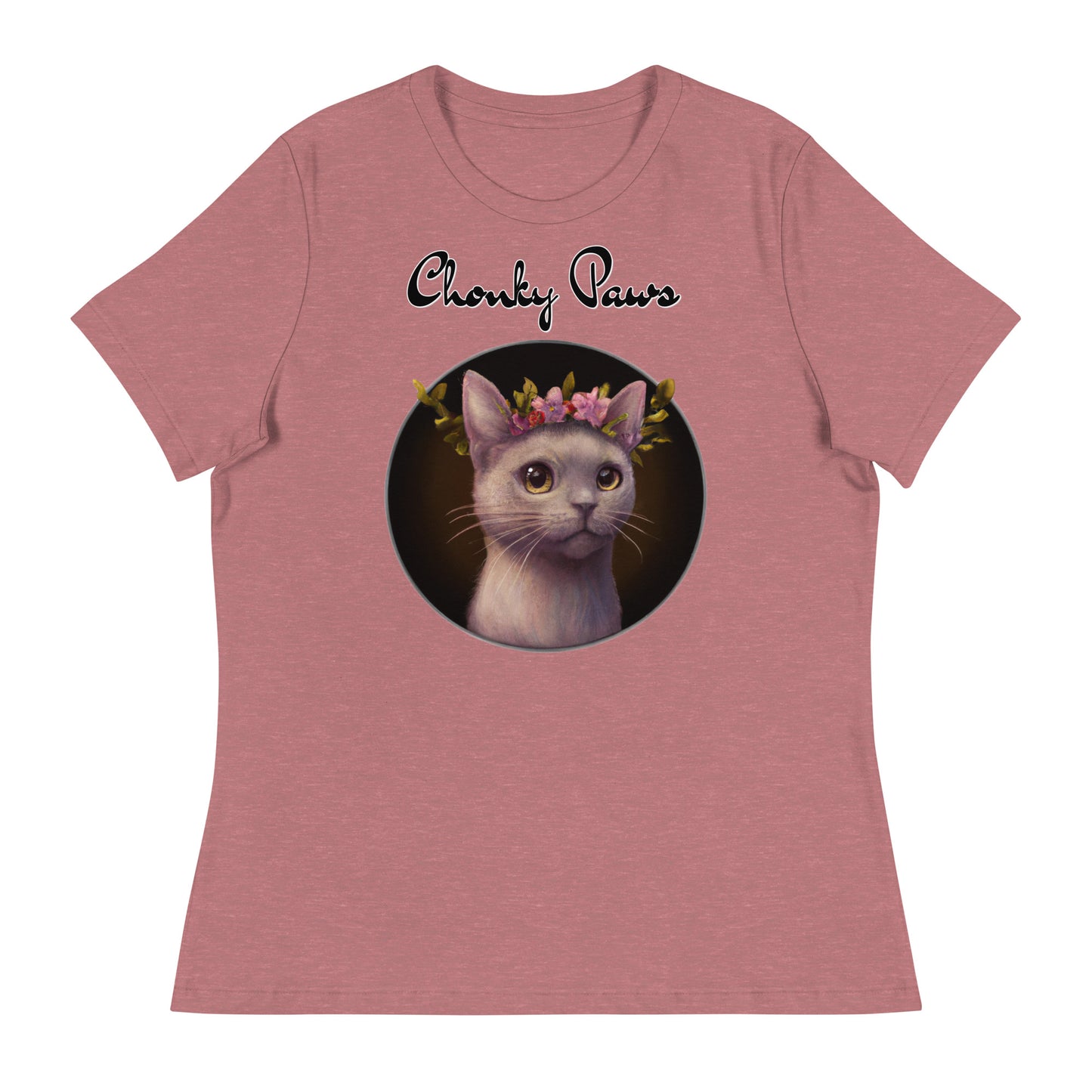 Women's T-Shirt with Gentle Cat With Pink Floral Headpiece with a text "Chonky Paws" at $25.97 found at Personalizedpetlovergifts