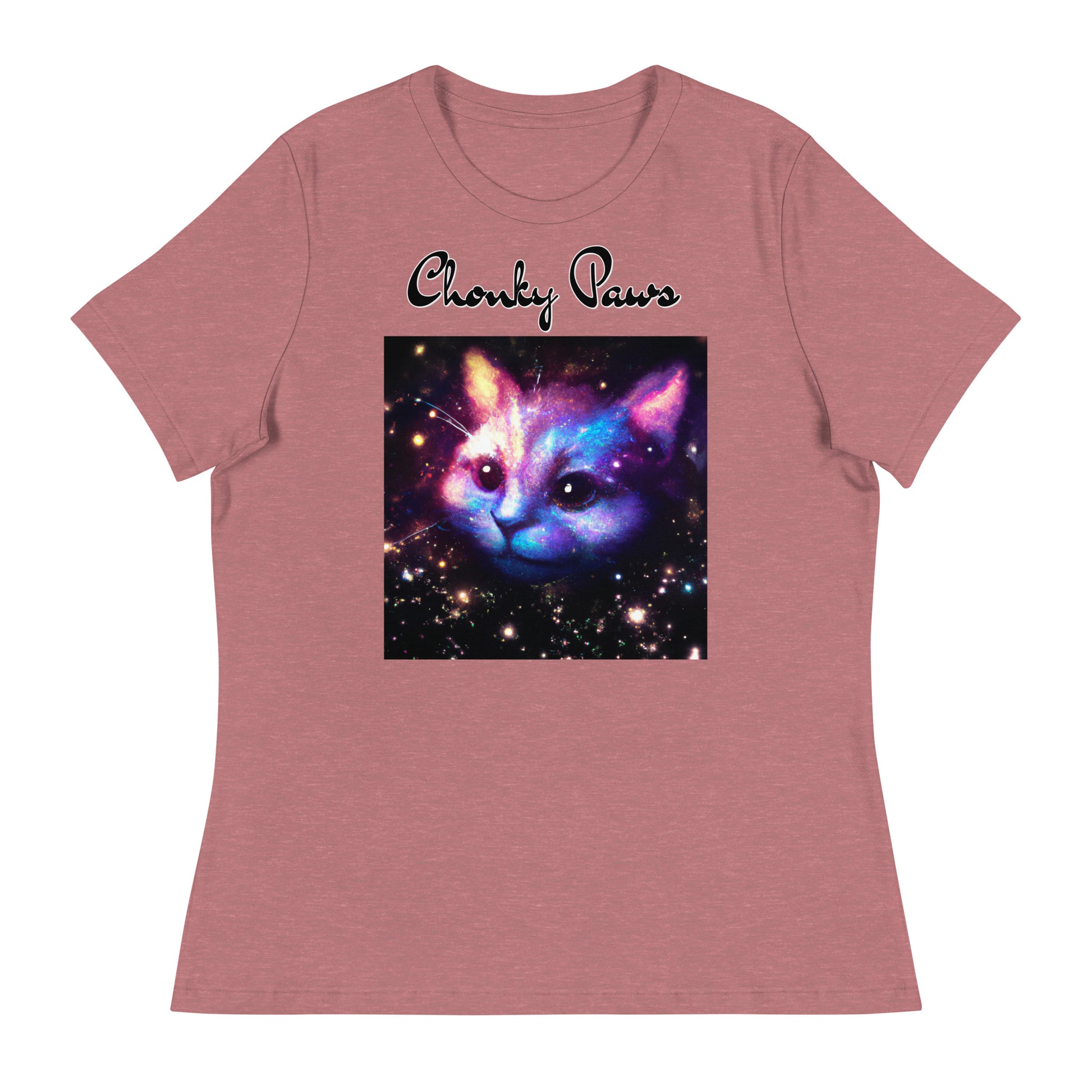 Women's T-Shirt with Galaxy Cat with a text "Chonky Paws" at $25.97 found at Personalizedpetlovergifts