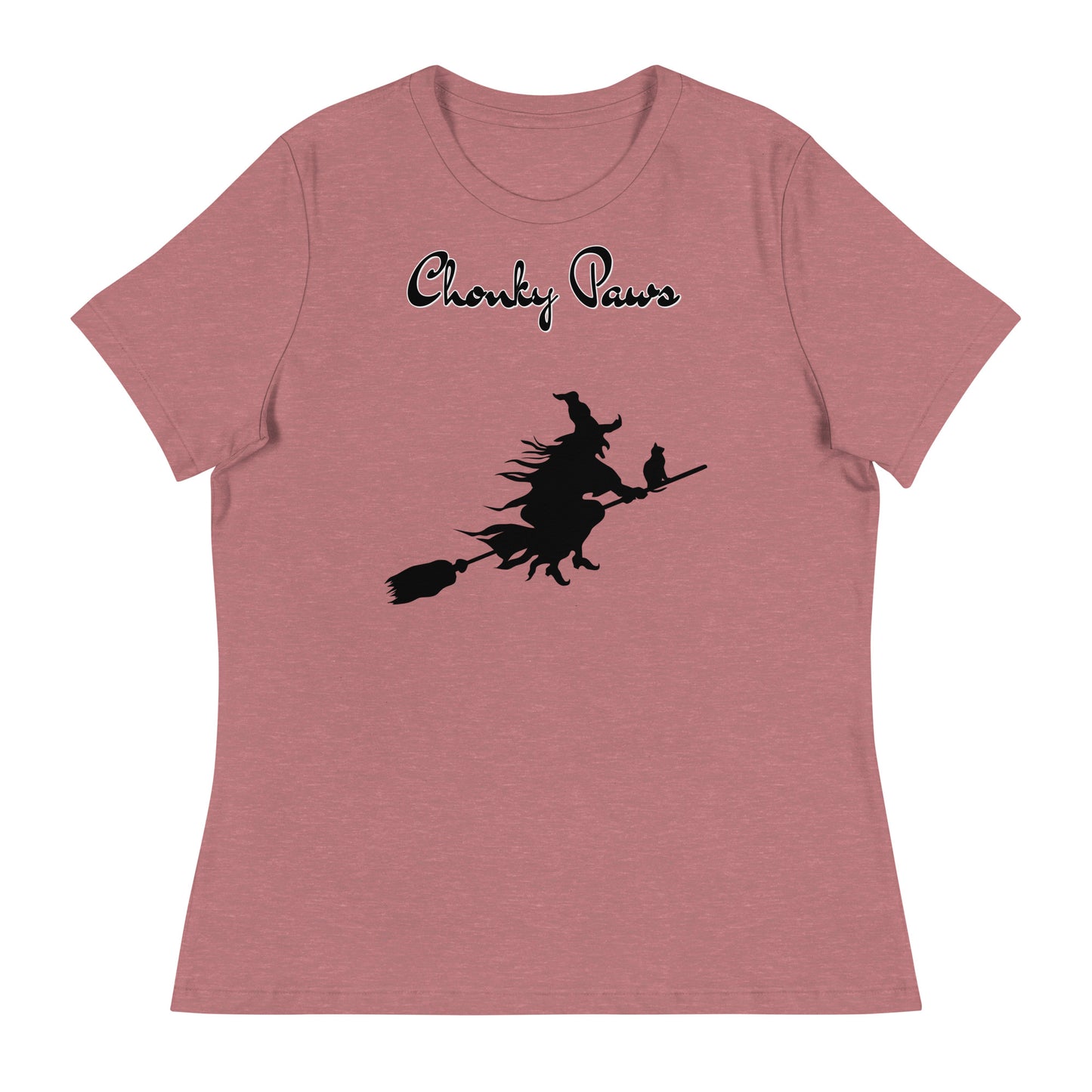 Women's T-Shirt with Flying Witch With Cat On a Broom with a text "Chonky Paws" at $25.97 found at Personalizedpetlovergifts